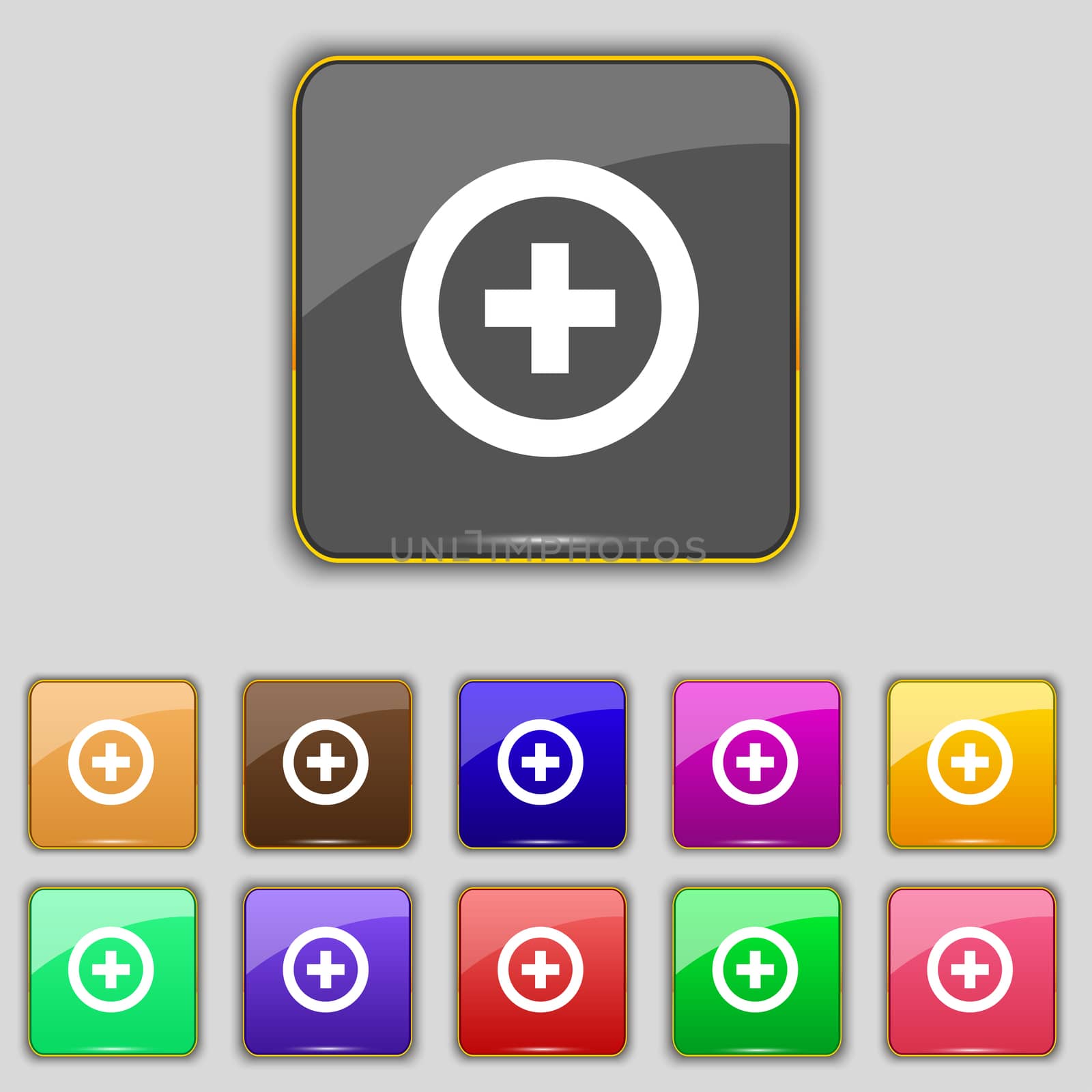 Plus, Positive icon sign. Set with eleven colored buttons for your site. illustration