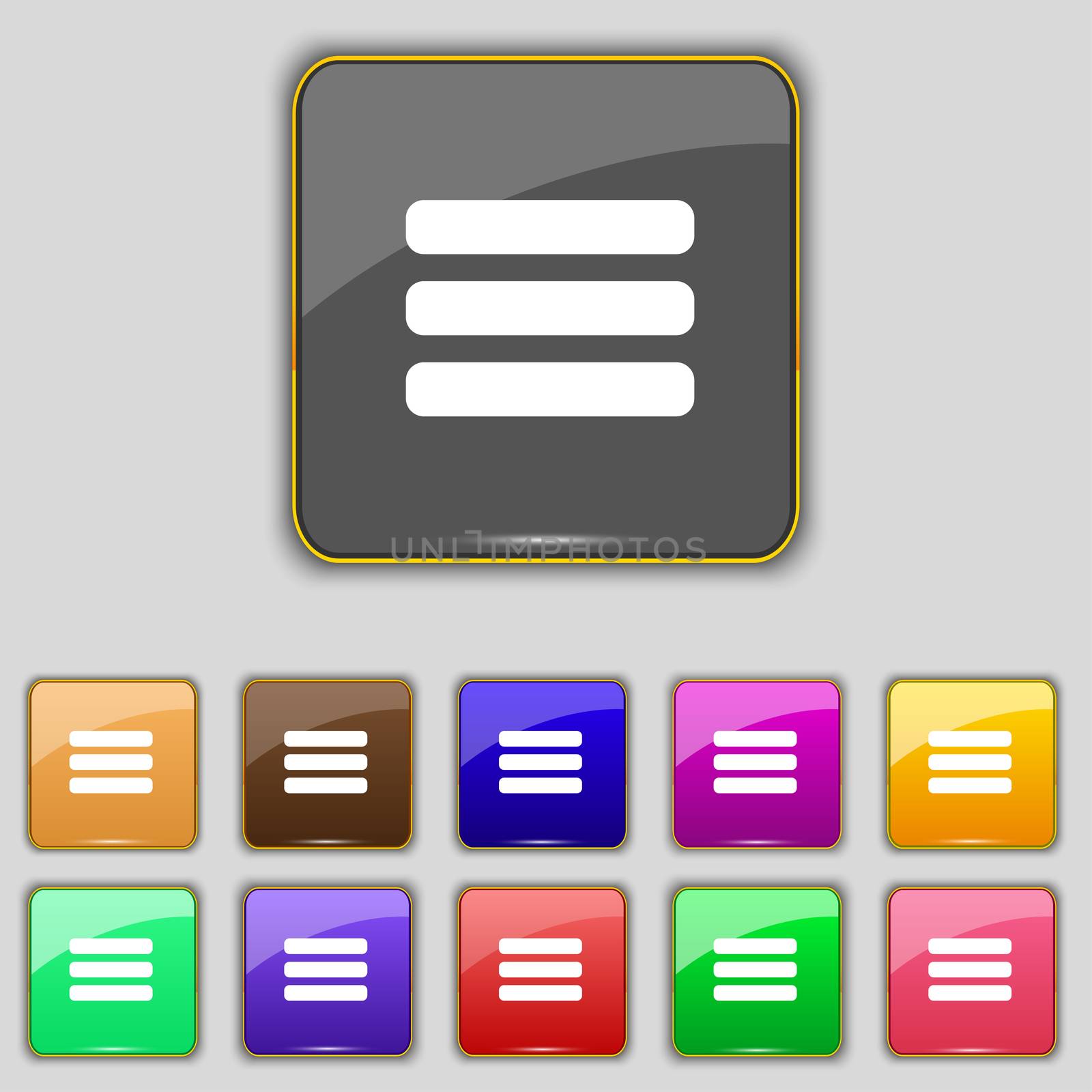 List menu, Content view options icon sign. Set with eleven colored buttons for your site. illustration