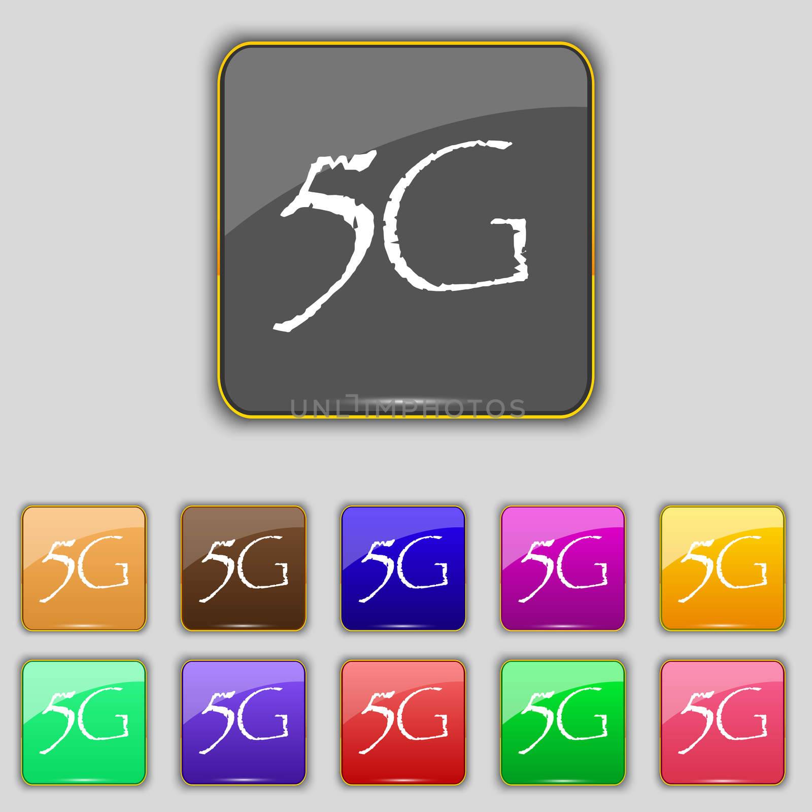 5G sign icon. Mobile telecommunications technology symbol. Set of colour buttons. illustration