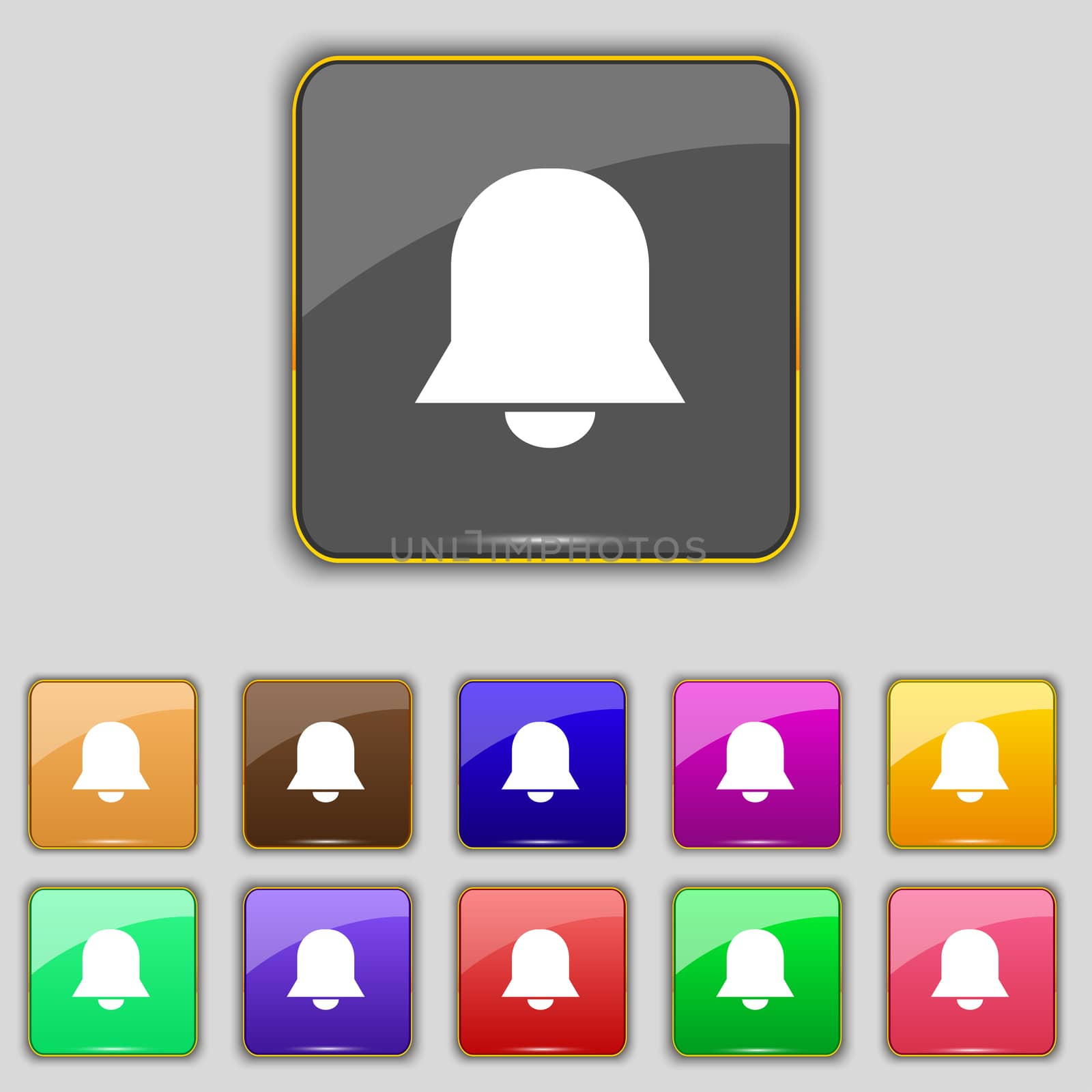 Alarm bell icon sign. Set with eleven colored buttons for your site. illustration