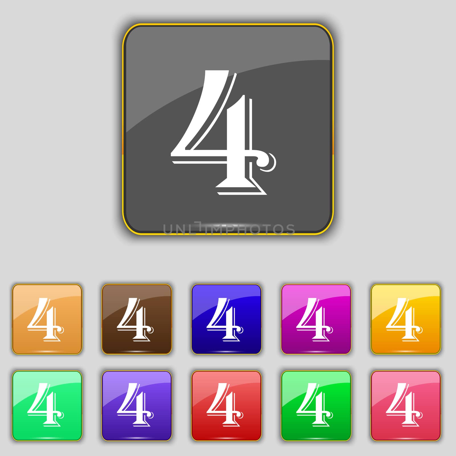 number four icon sign. Set of coloured buttons. illustration