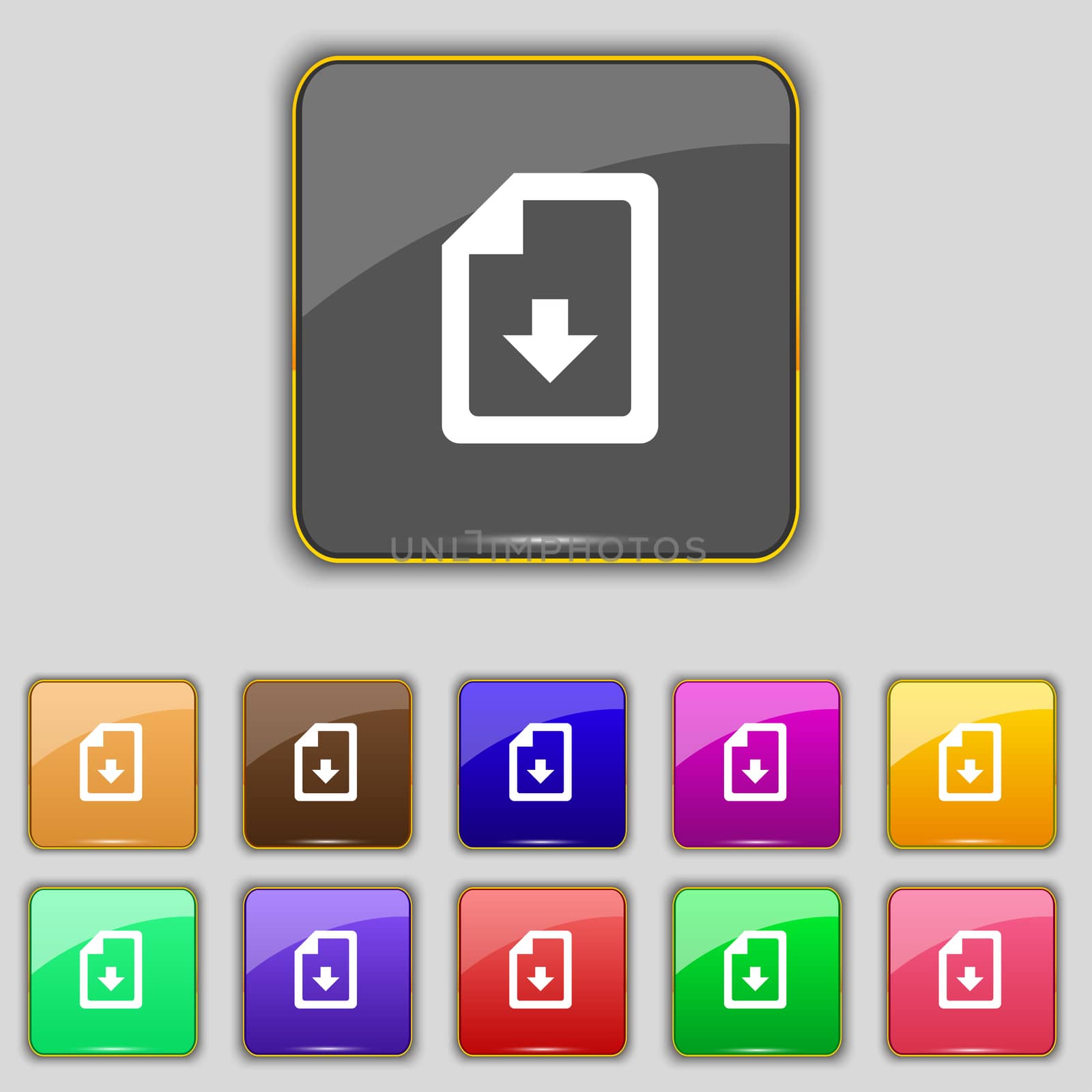 import, download file icon sign. Set with eleven colored buttons for your site. illustration