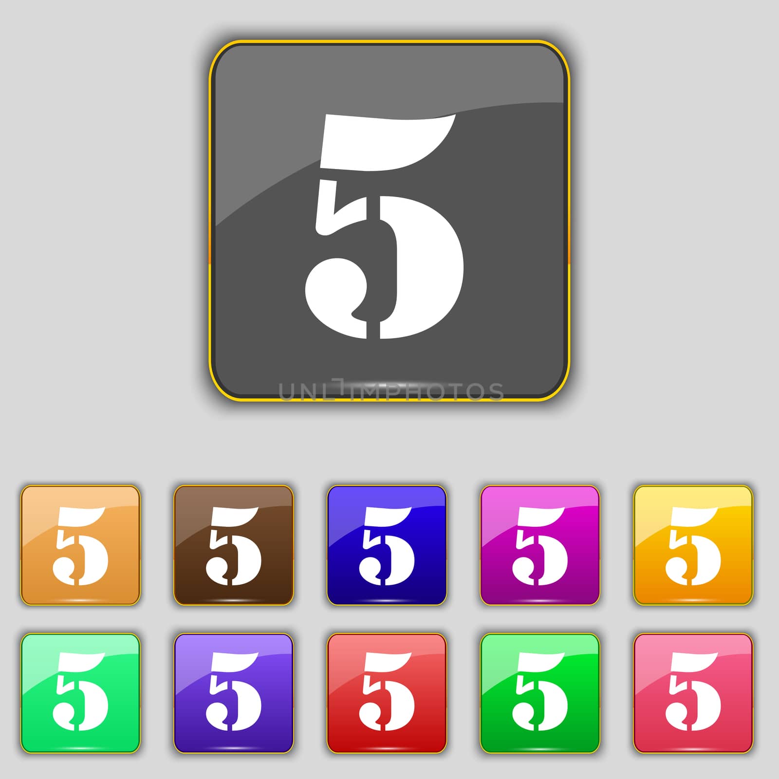 number five icon sign. Set of coloured buttons. illustration