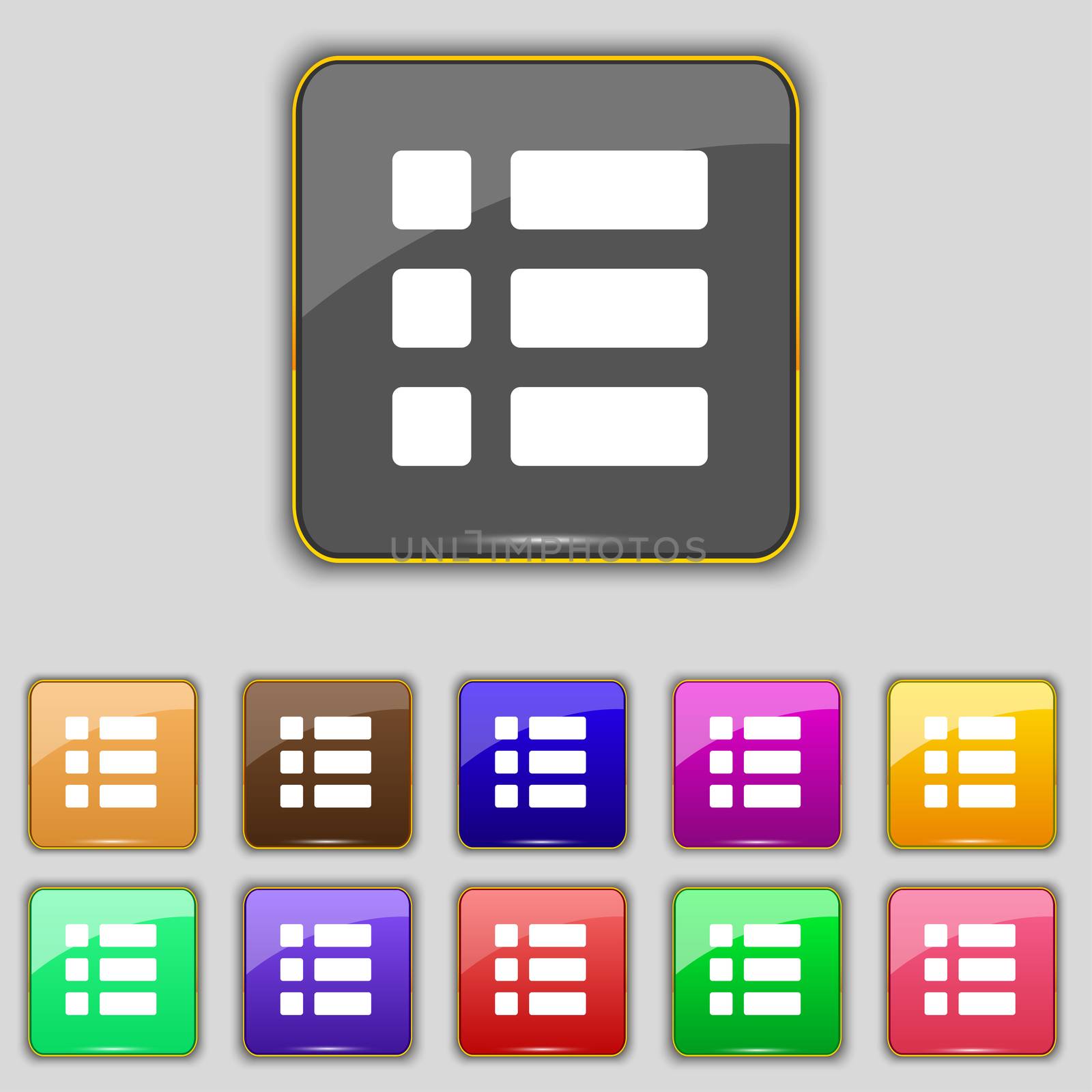 List menu, Content view options icon sign. Set with eleven colored buttons for your site. illustration
