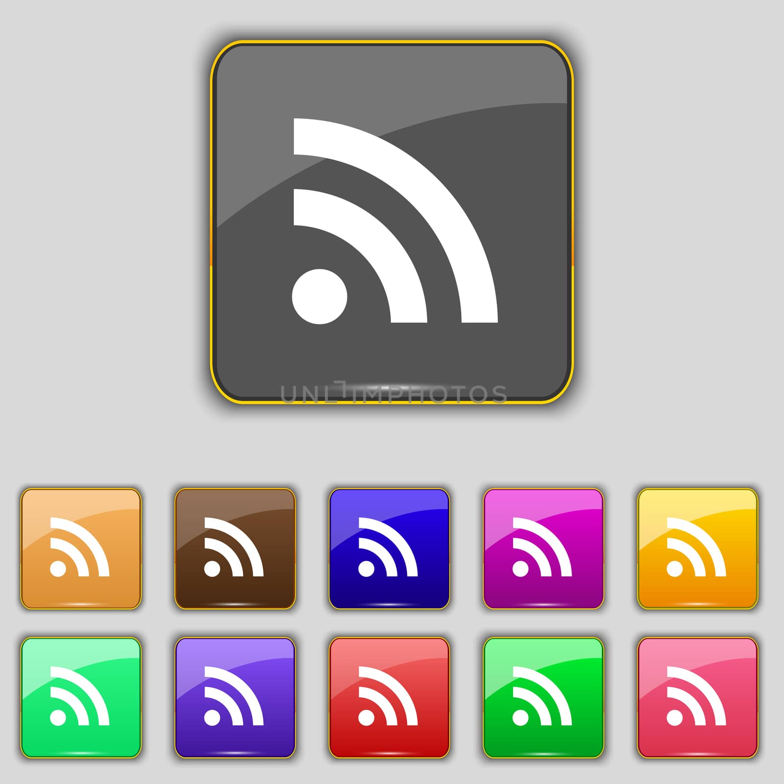 RSS feed icon sign. Set with eleven colored buttons for your site. illustration