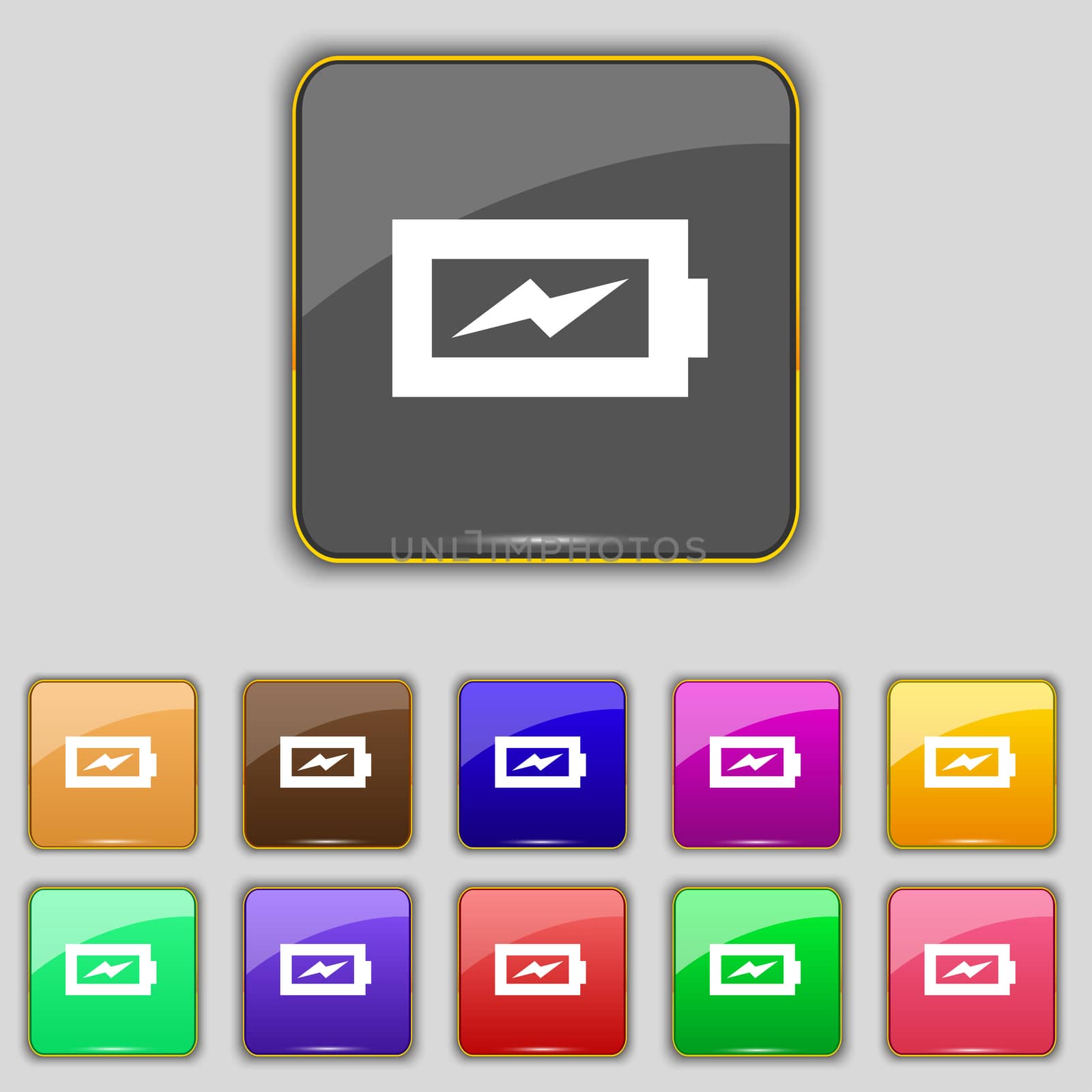 Battery charging icon sign. Set with eleven colored buttons for your site. illustration