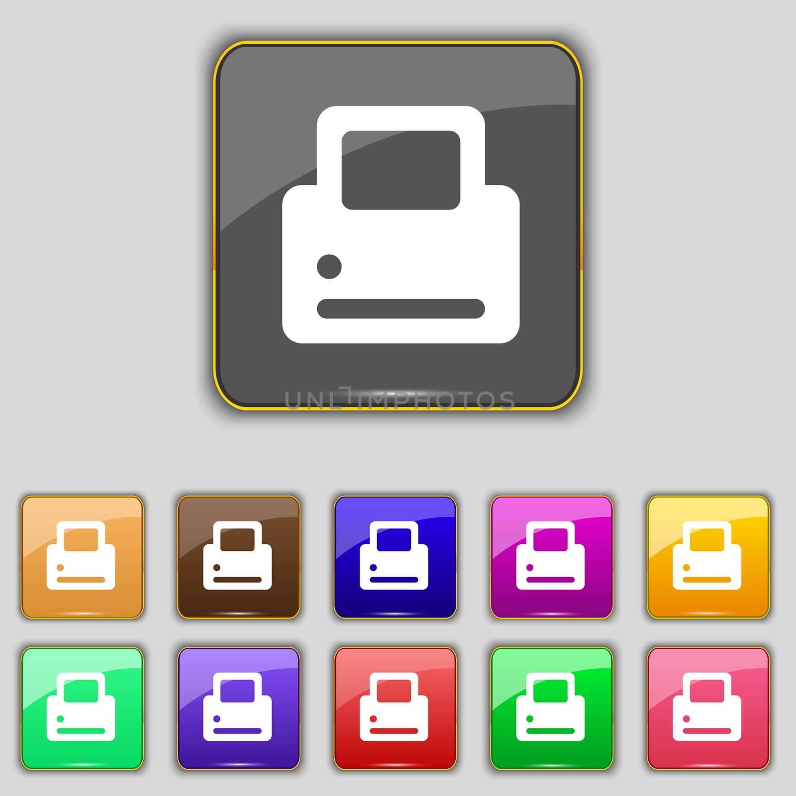 Printing icon sign. Set with eleven colored buttons for your site. illustration