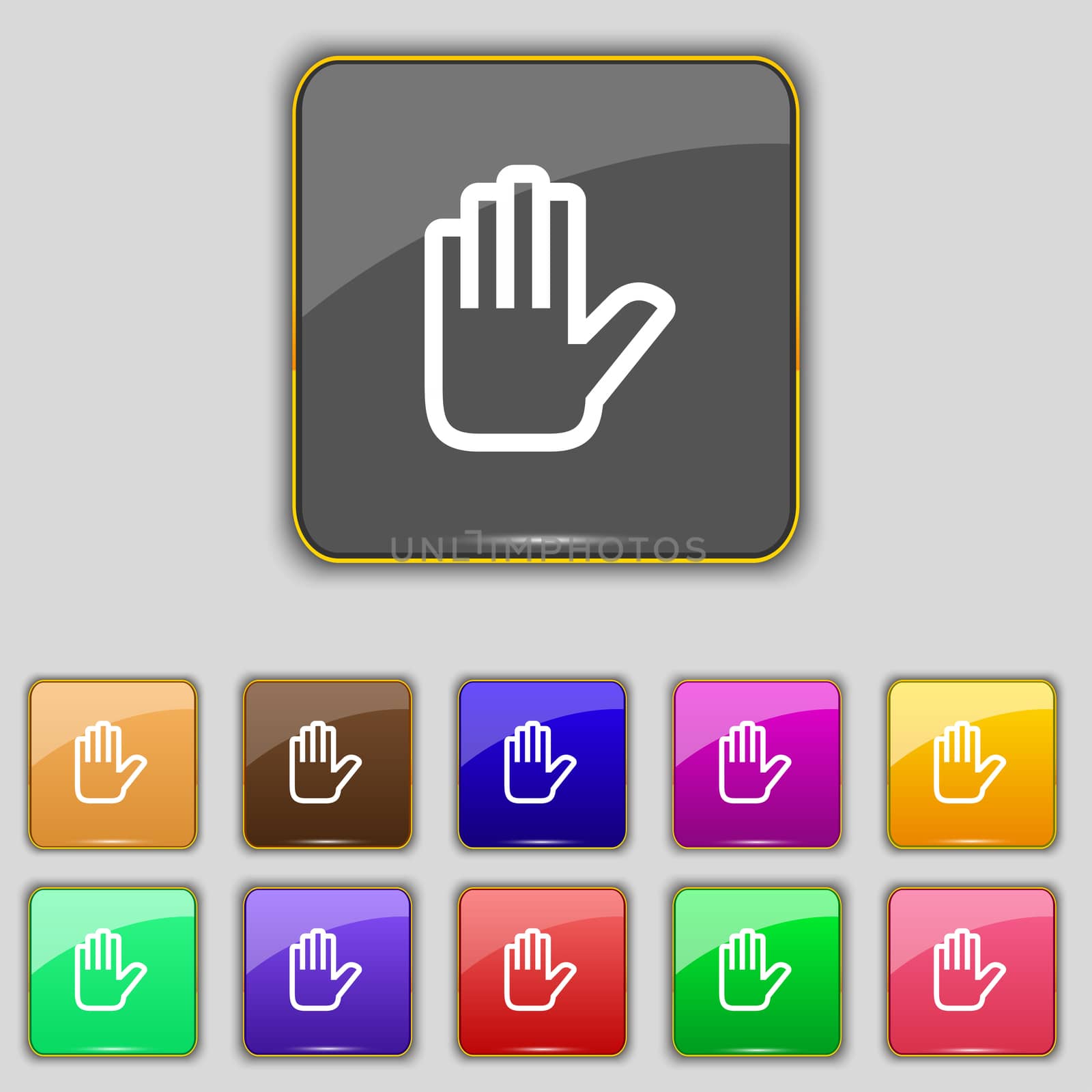 Hand print, Stop icon sign. Set with eleven colored buttons for your site.  by serhii_lohvyniuk