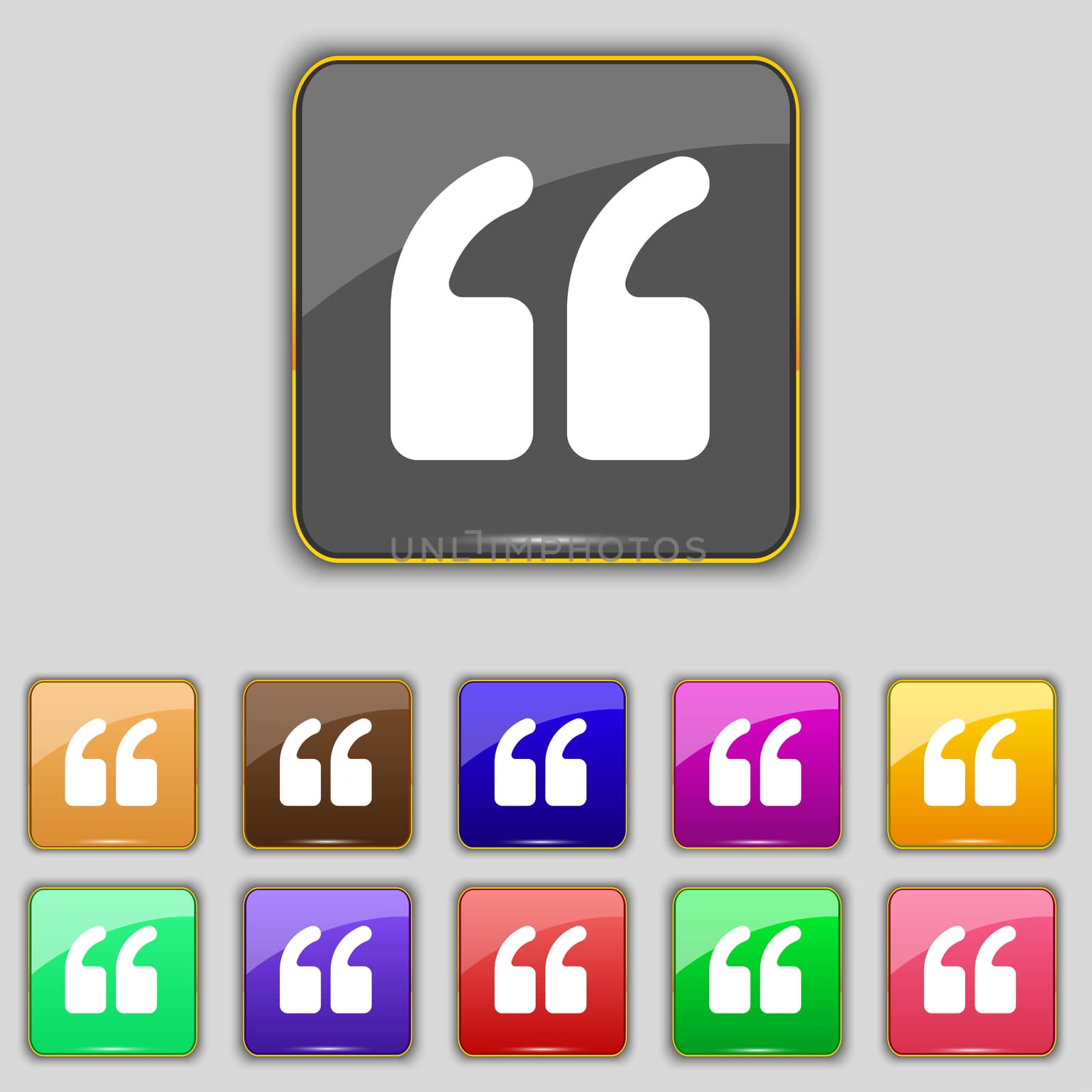 Double quotes at the beginning of words icon sign. Set with eleven colored buttons for your site. illustration