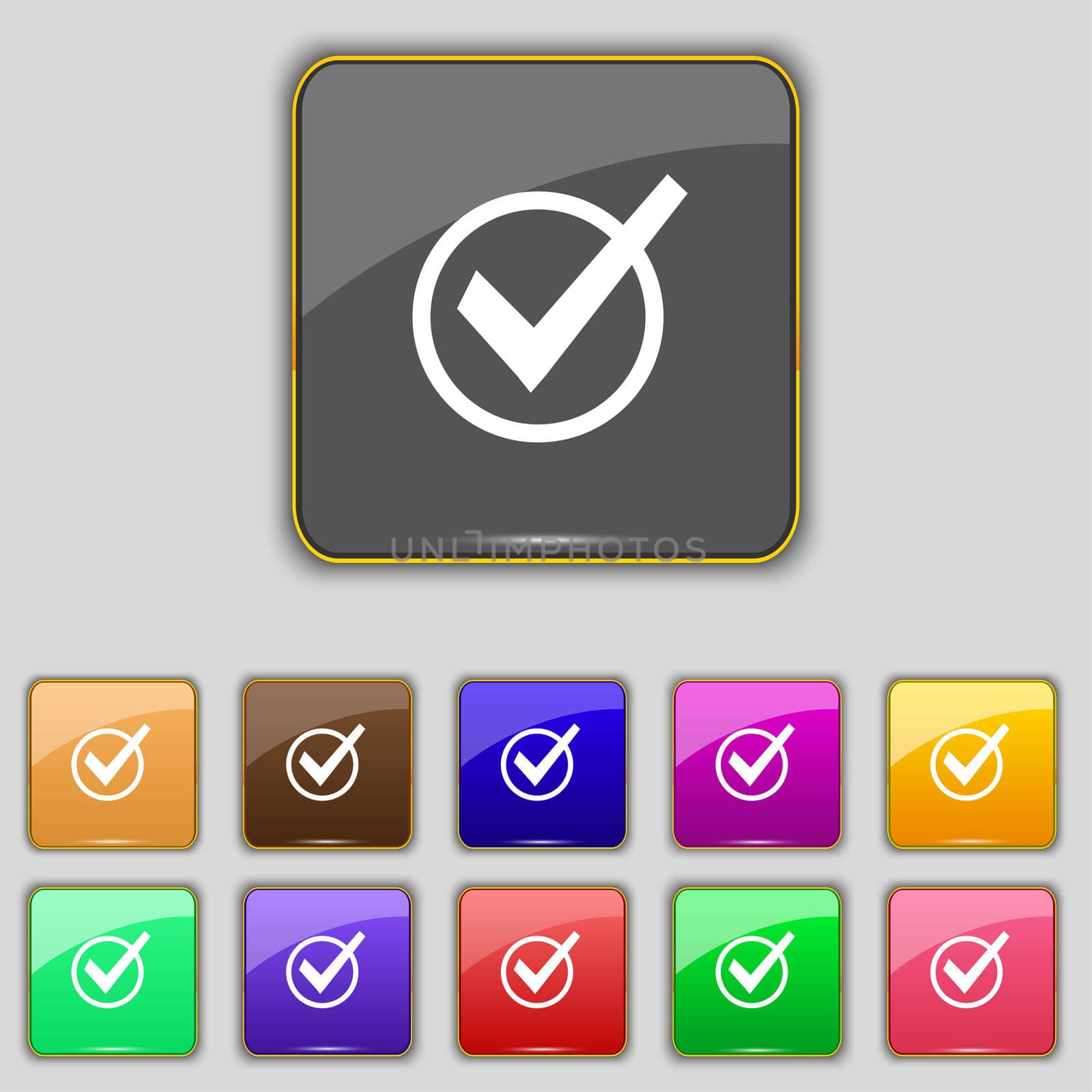 Check mark, tik icon sign. Set with eleven colored buttons for your site. illustration