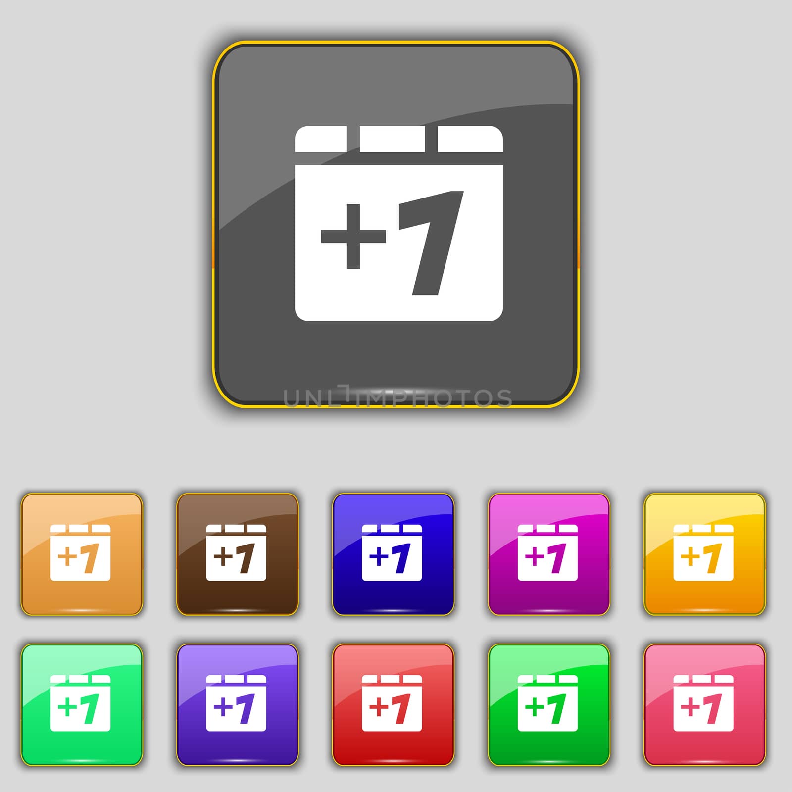 Plus one, Add one icon sign. Set with eleven colored buttons for your site. illustration