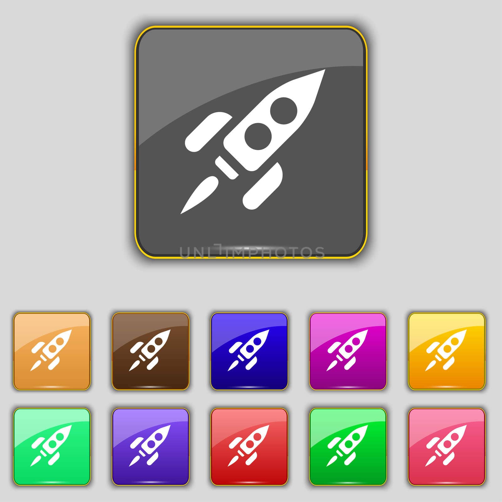 Rocket icon sign. Set with eleven colored buttons for your site. illustration