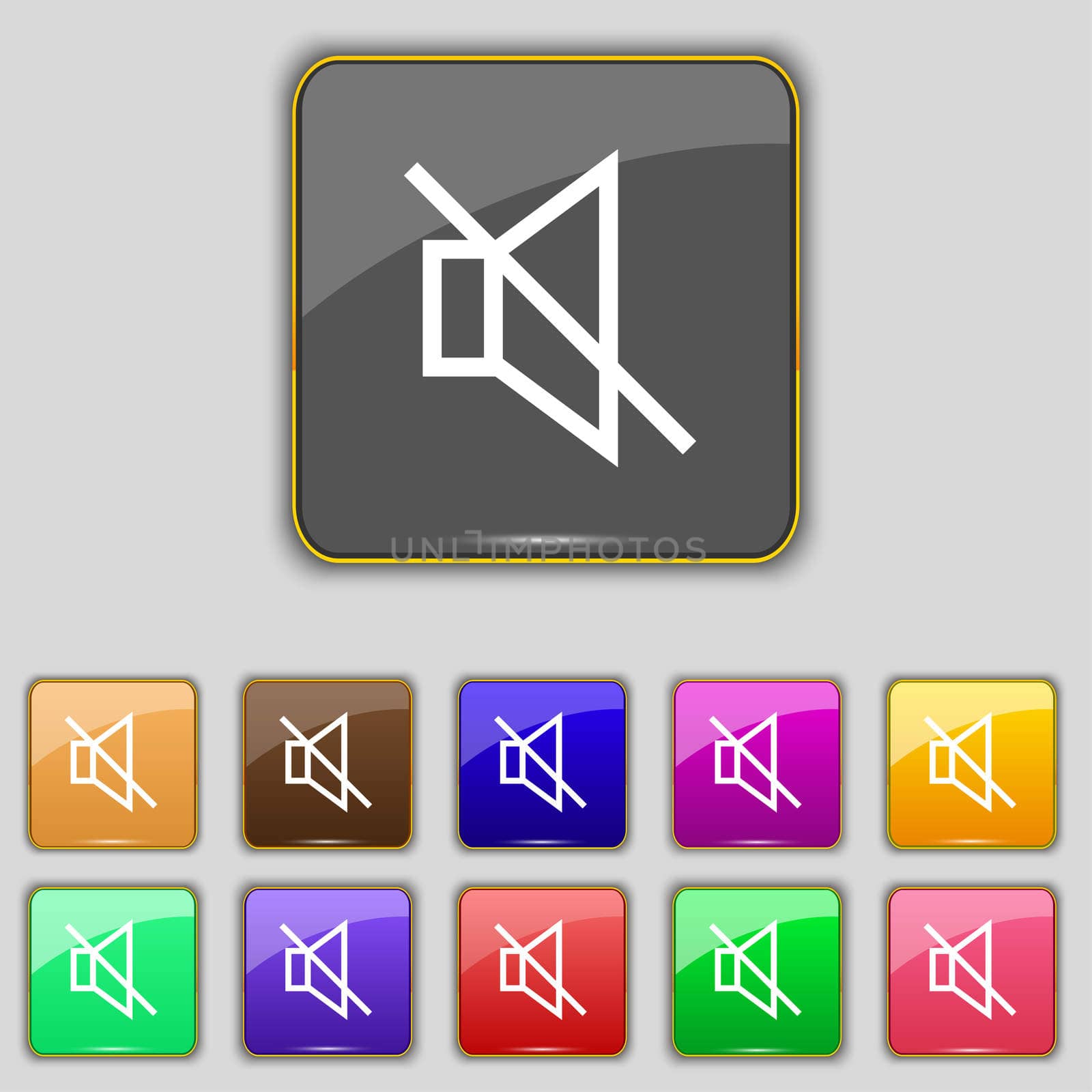 without sound, mute icon sign. Set with eleven colored buttons for your site. illustration
