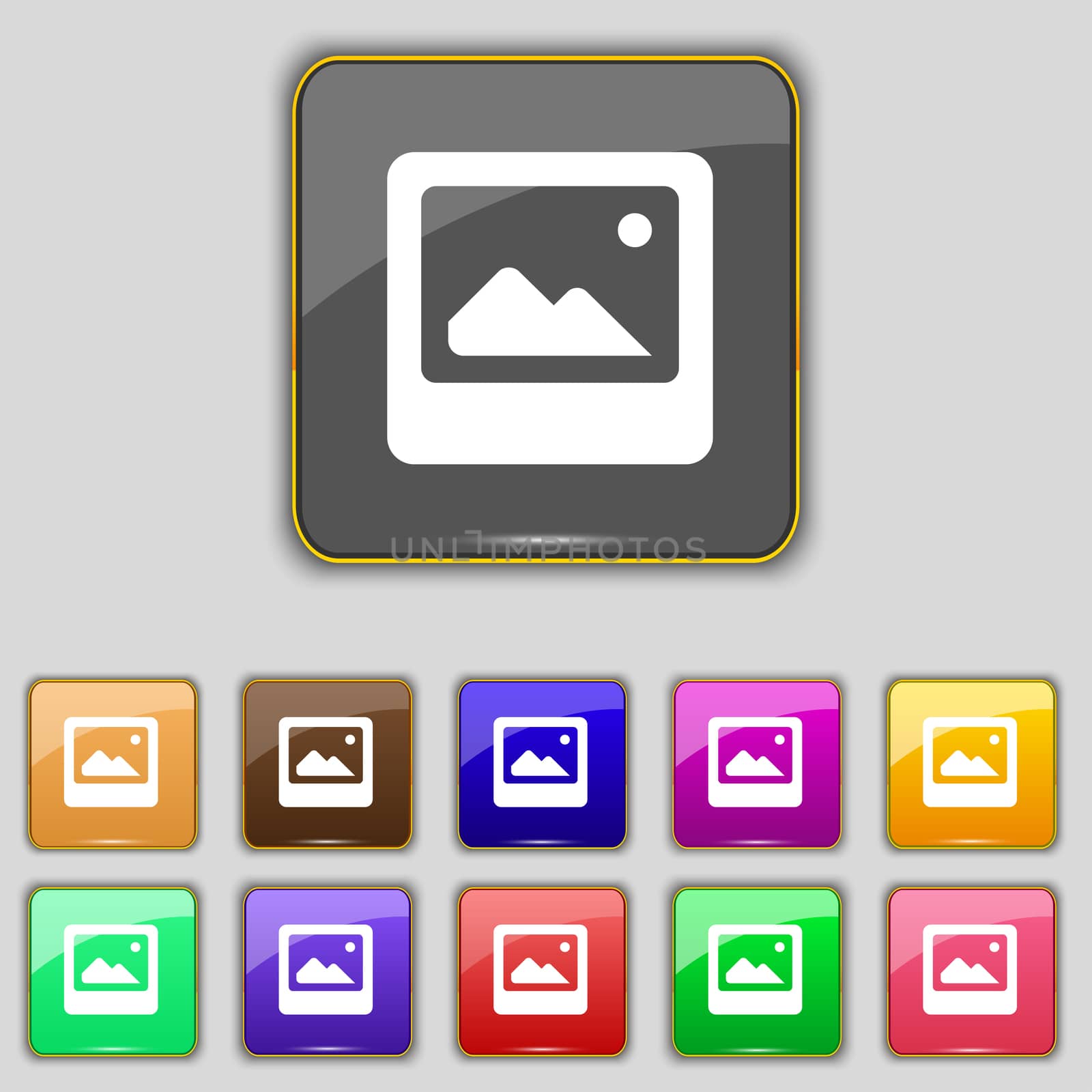 Photo frame template icon sign. Set with eleven colored buttons for your site.  by serhii_lohvyniuk