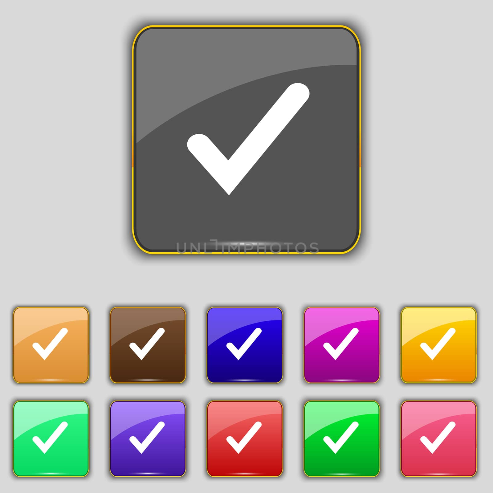Check mark, tik icon sign. Set with eleven colored buttons for your site. illustration