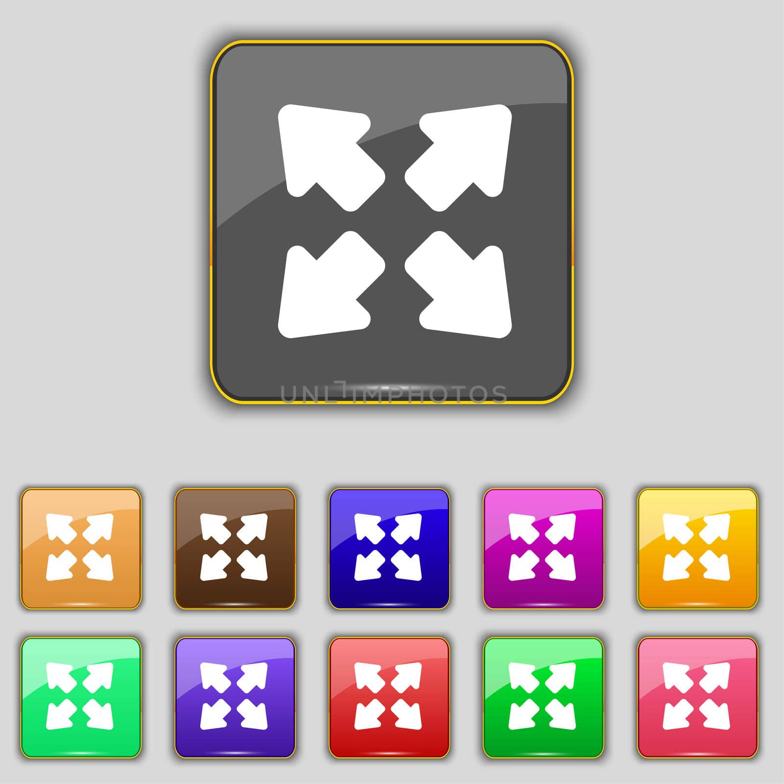Deploying video, screen size icon sign. Set with eleven colored buttons for your site. illustration