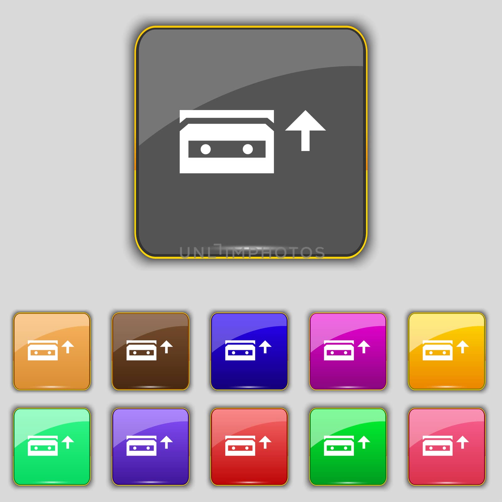 audio cassette icon sign. Set with eleven colored buttons for your site. illustration