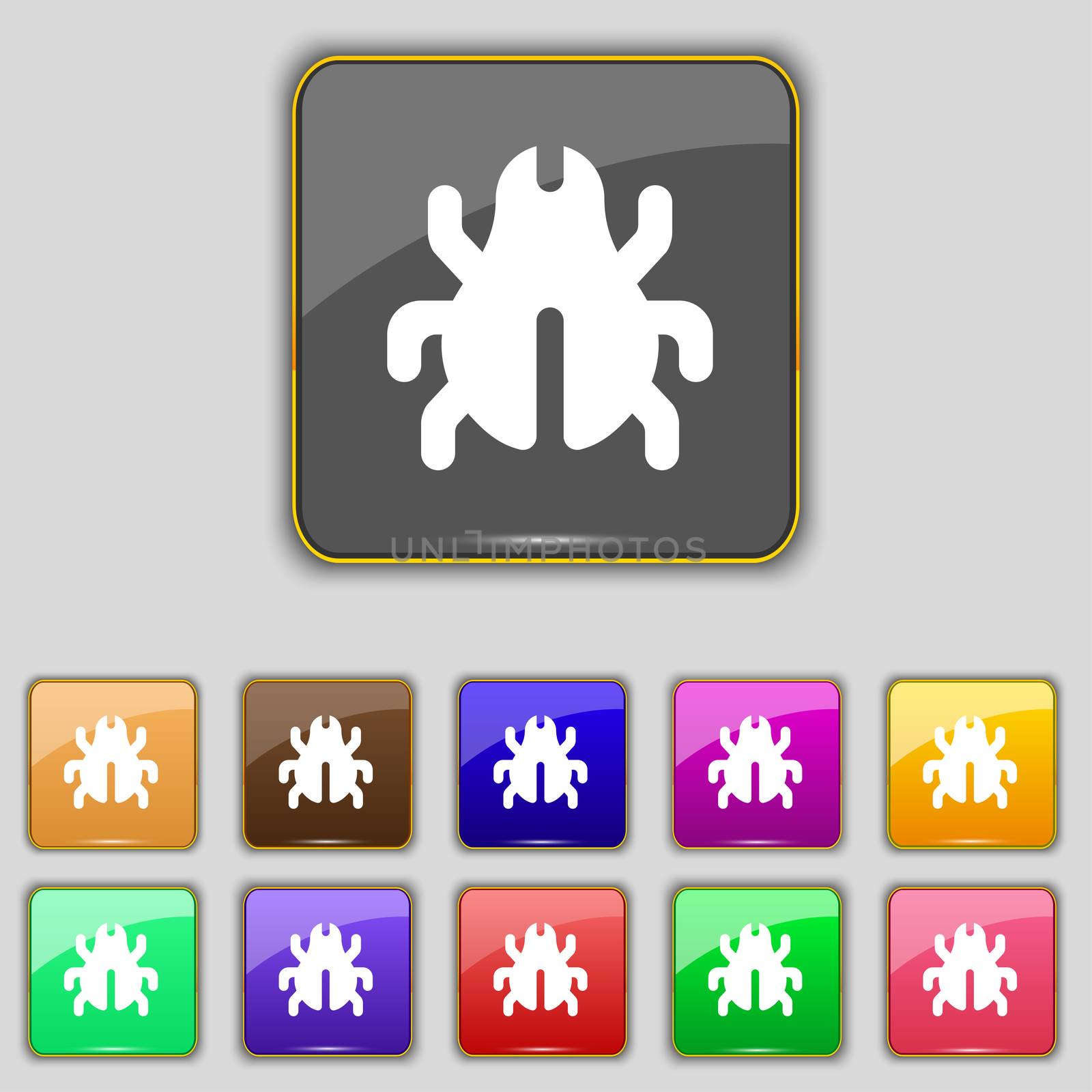 Software Bug, Virus, Disinfection, beetle icon sign. Set with eleven colored buttons for your site.  by serhii_lohvyniuk