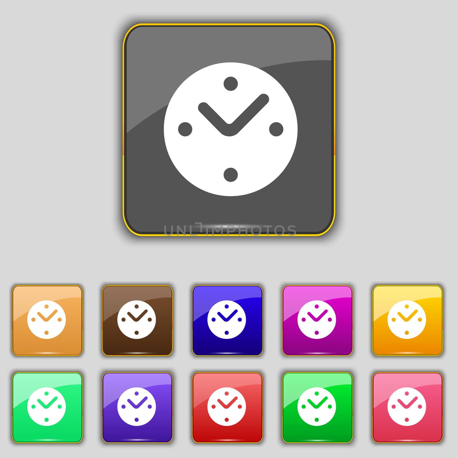 Mechanical Clock icon sign. Set with eleven colored buttons for your site.  by serhii_lohvyniuk