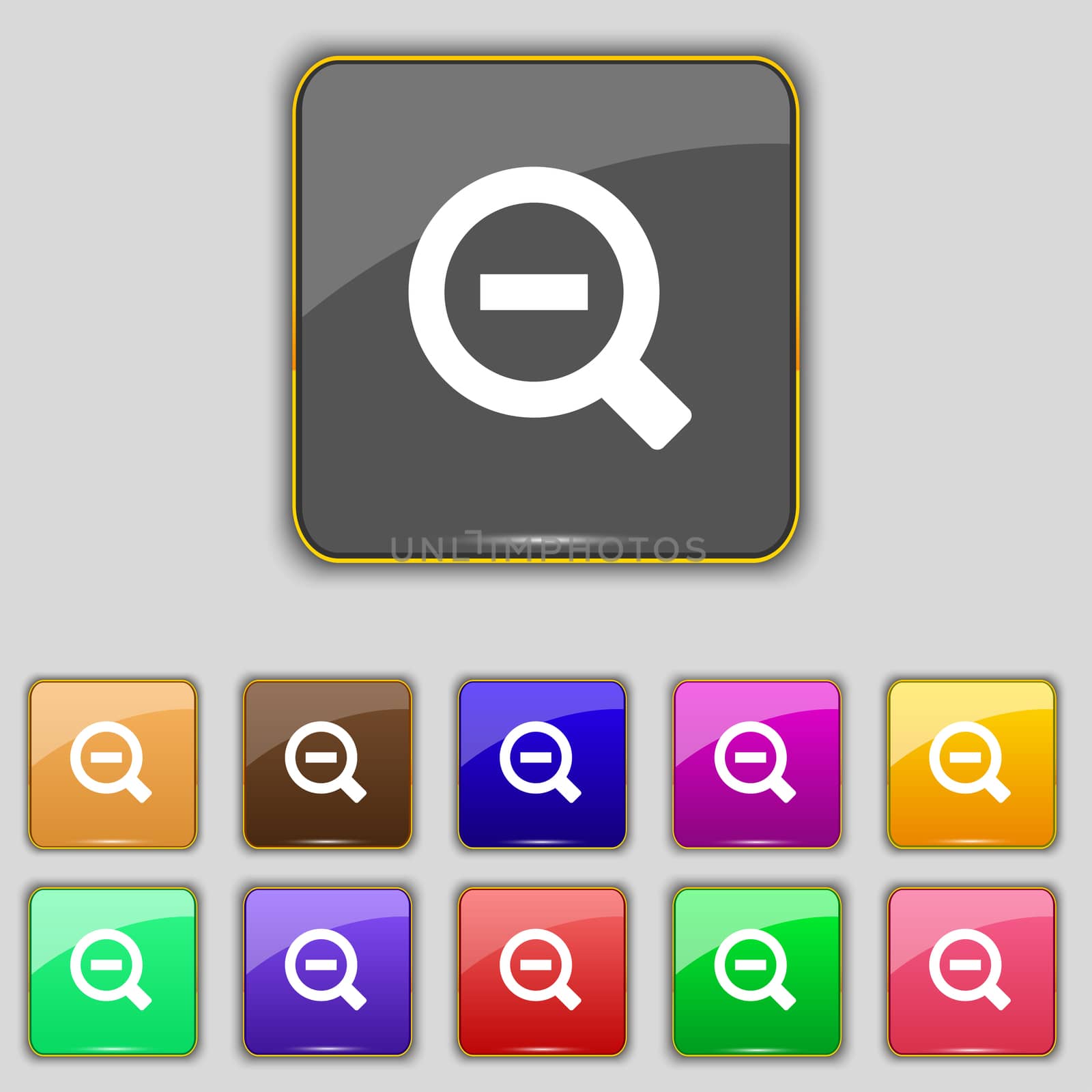 Magnifier glass, Zoom tool icon sign. Set with eleven colored buttons for your site. illustration