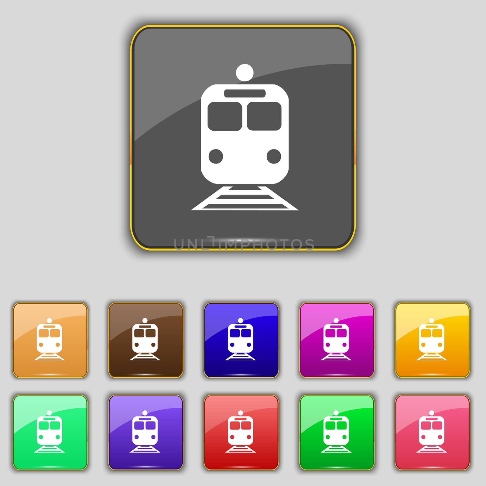 train icon sign. Set with eleven colored buttons for your site. illustration