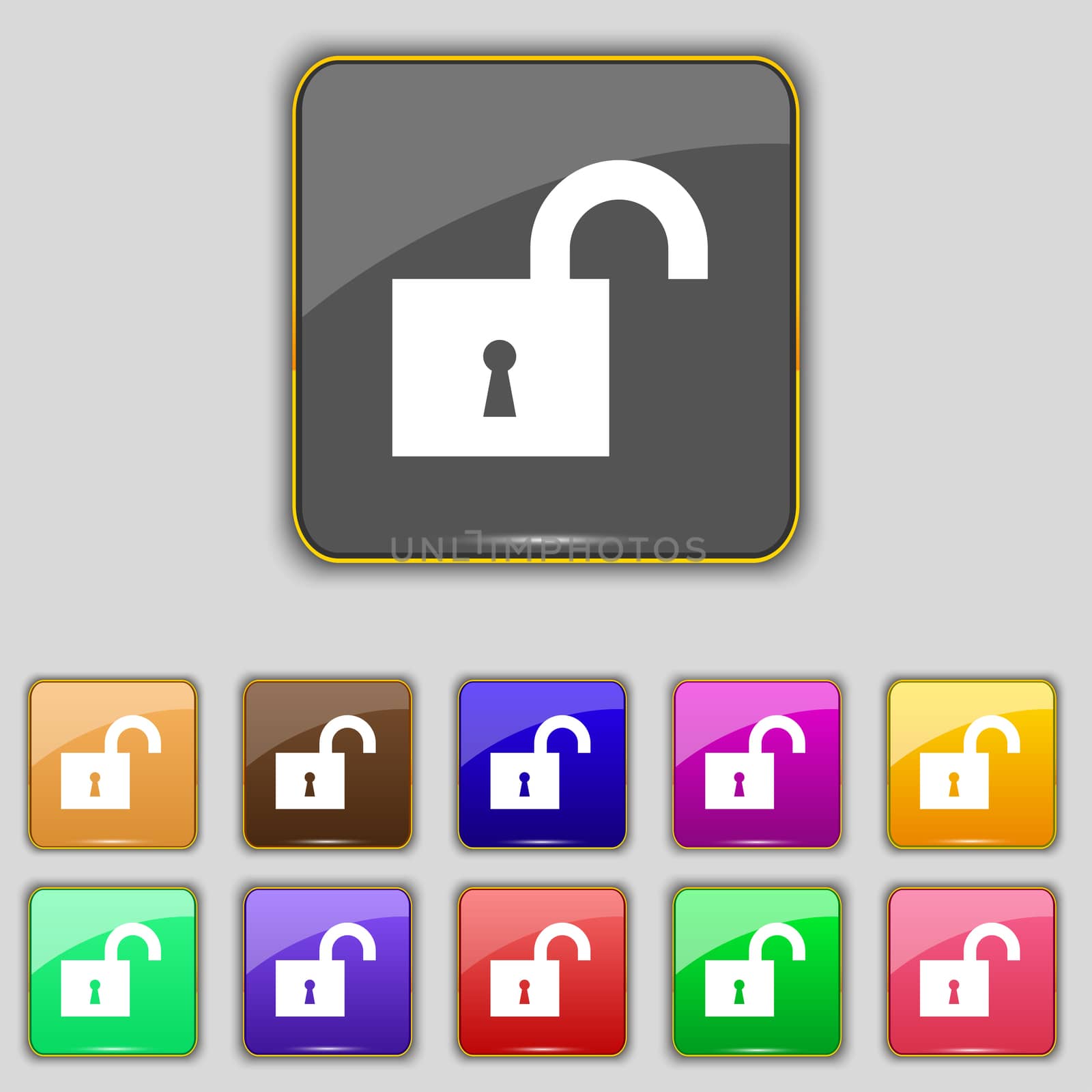 open lock icon sign. Set with eleven colored buttons for your site. illustration