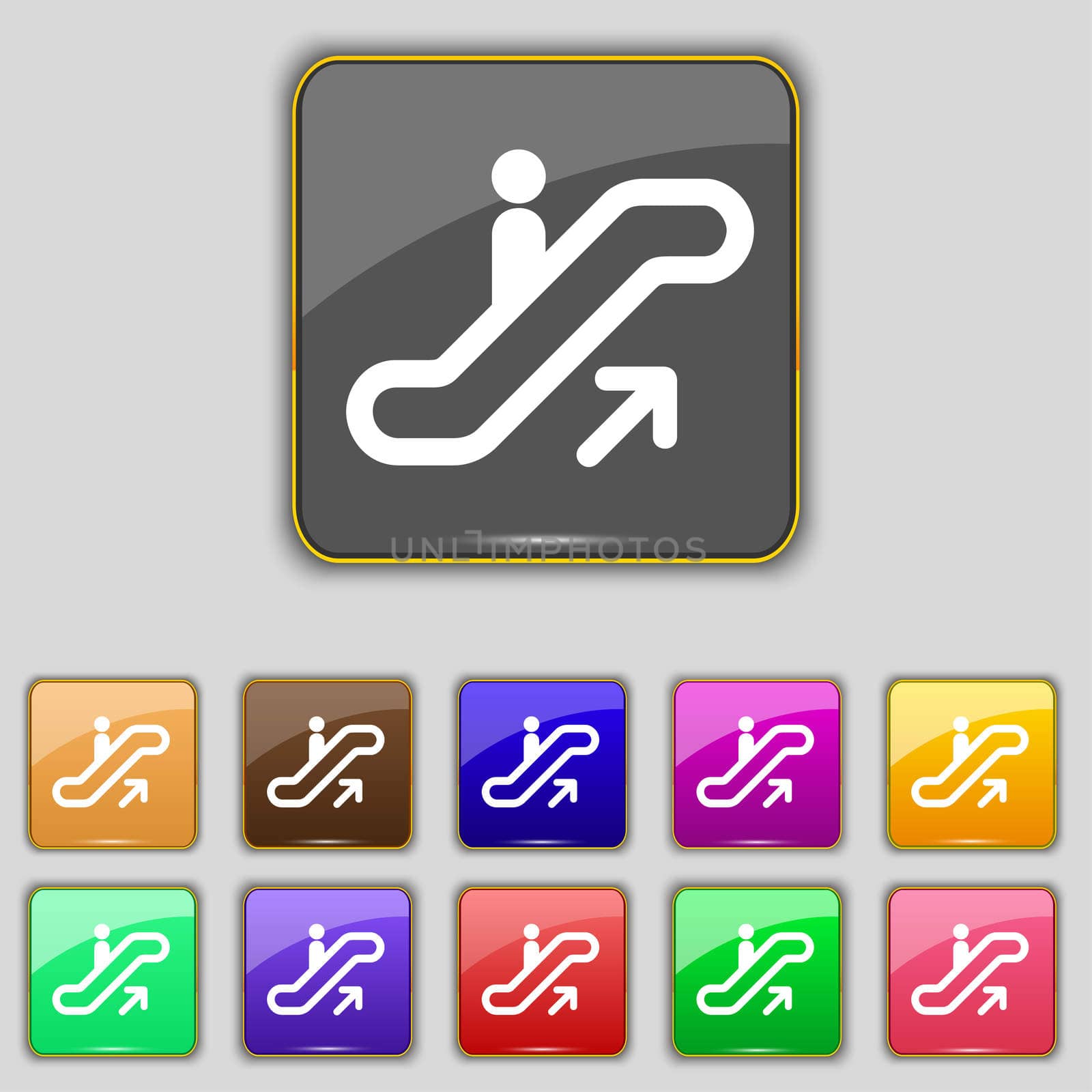 elevator, Escalator, Staircase icon sign. Set with eleven colored buttons for your site. illustration
