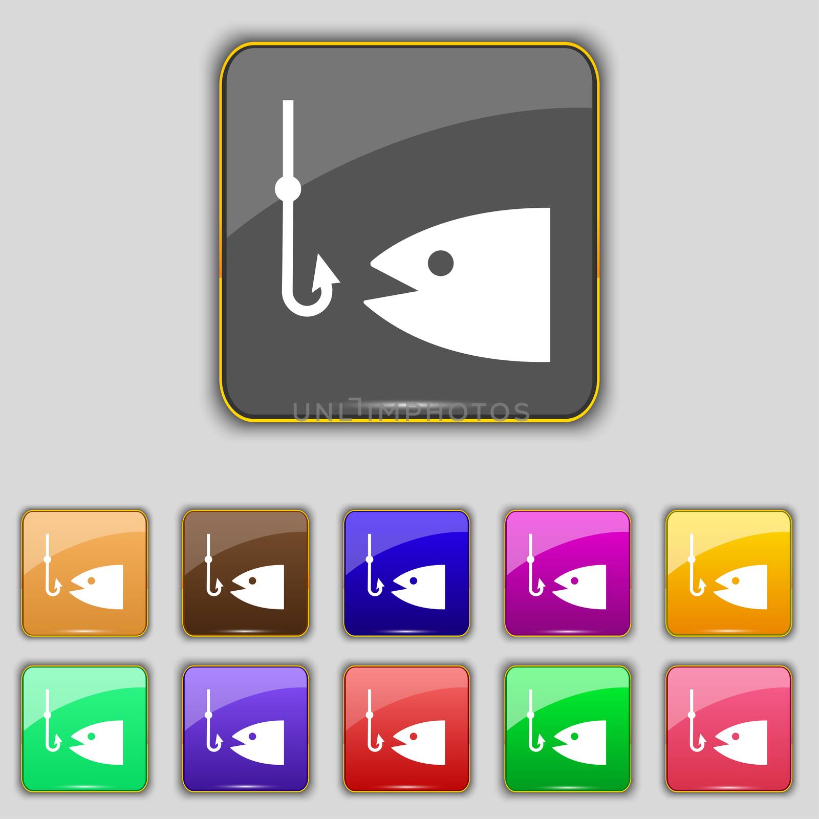 Fishing icon sign. Set with eleven colored buttons for your site.  by serhii_lohvyniuk