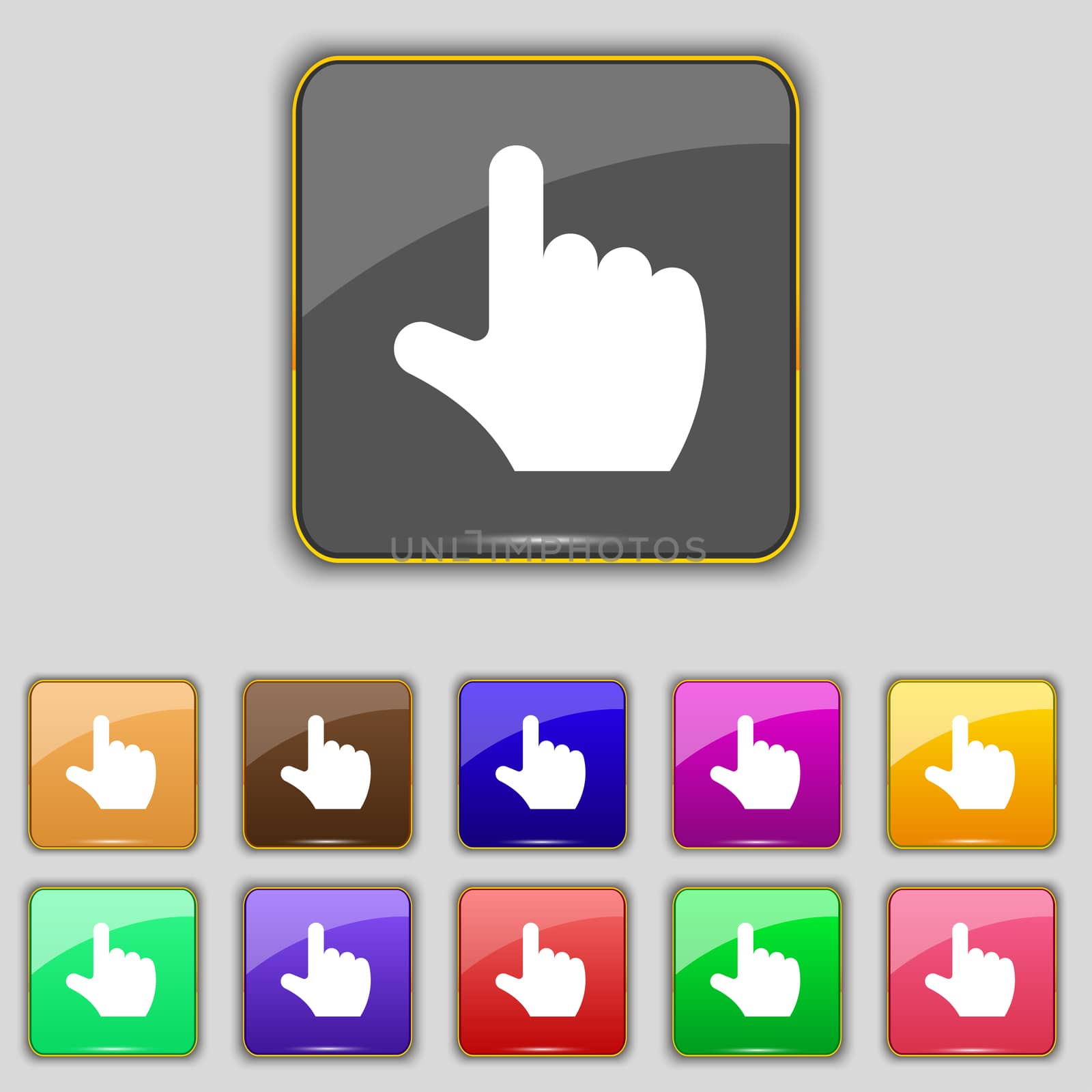 pointing hand icon sign. Set with eleven colored buttons for your site.  by serhii_lohvyniuk
