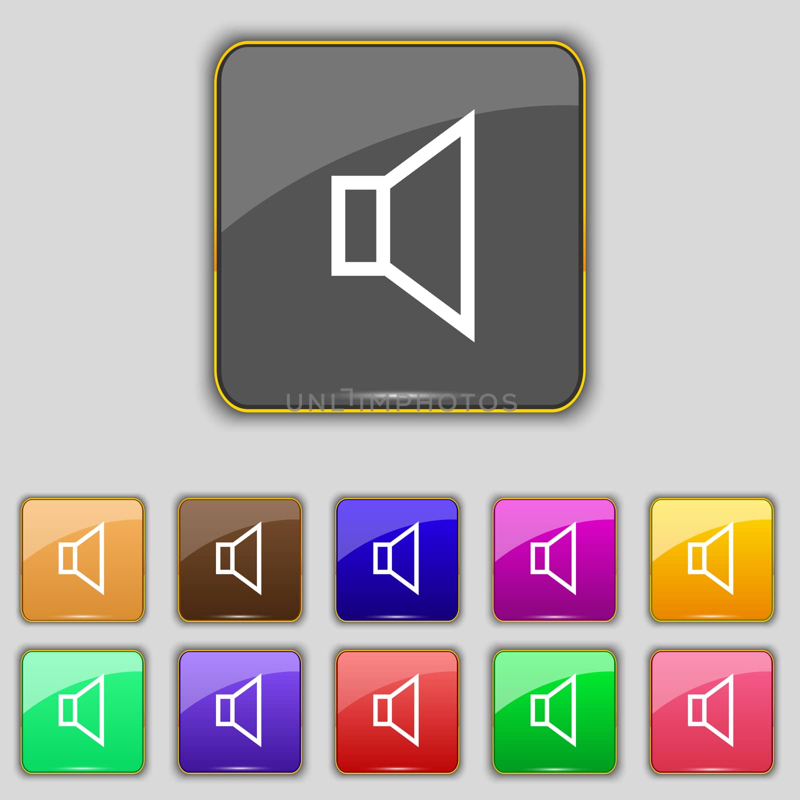 volume, sound icon sign. Set with eleven colored buttons for your site. illustration