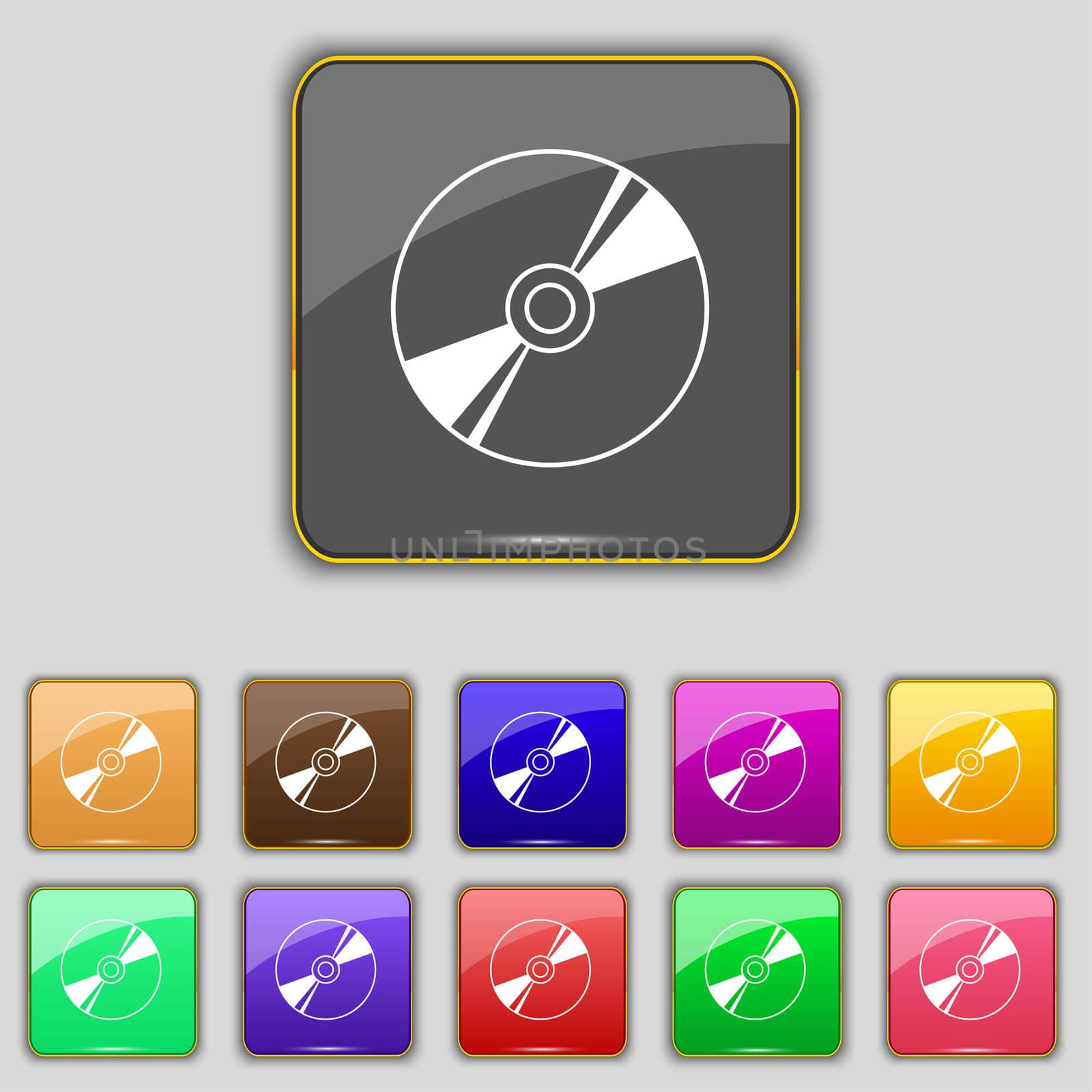 Cd, DVD, compact disk, blue ray icon sign. Set with eleven colored buttons for your site.  by serhii_lohvyniuk