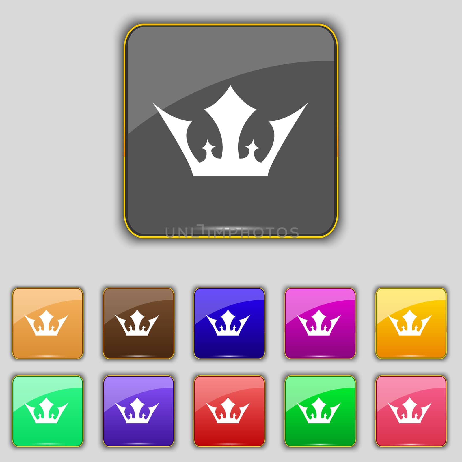 Crown icon sign. Set with eleven colored buttons for your site. illustration