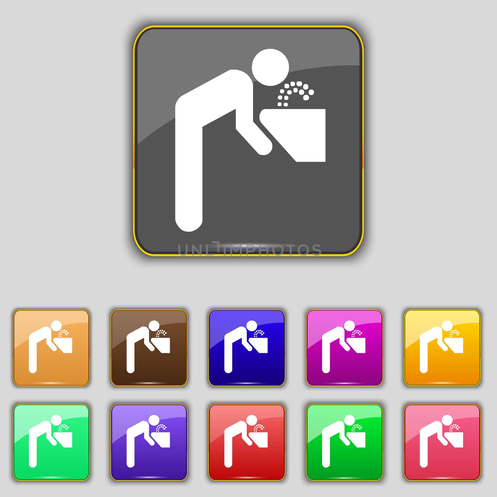 drinking fountain icon sign. Set with eleven colored buttons for your site. illustration