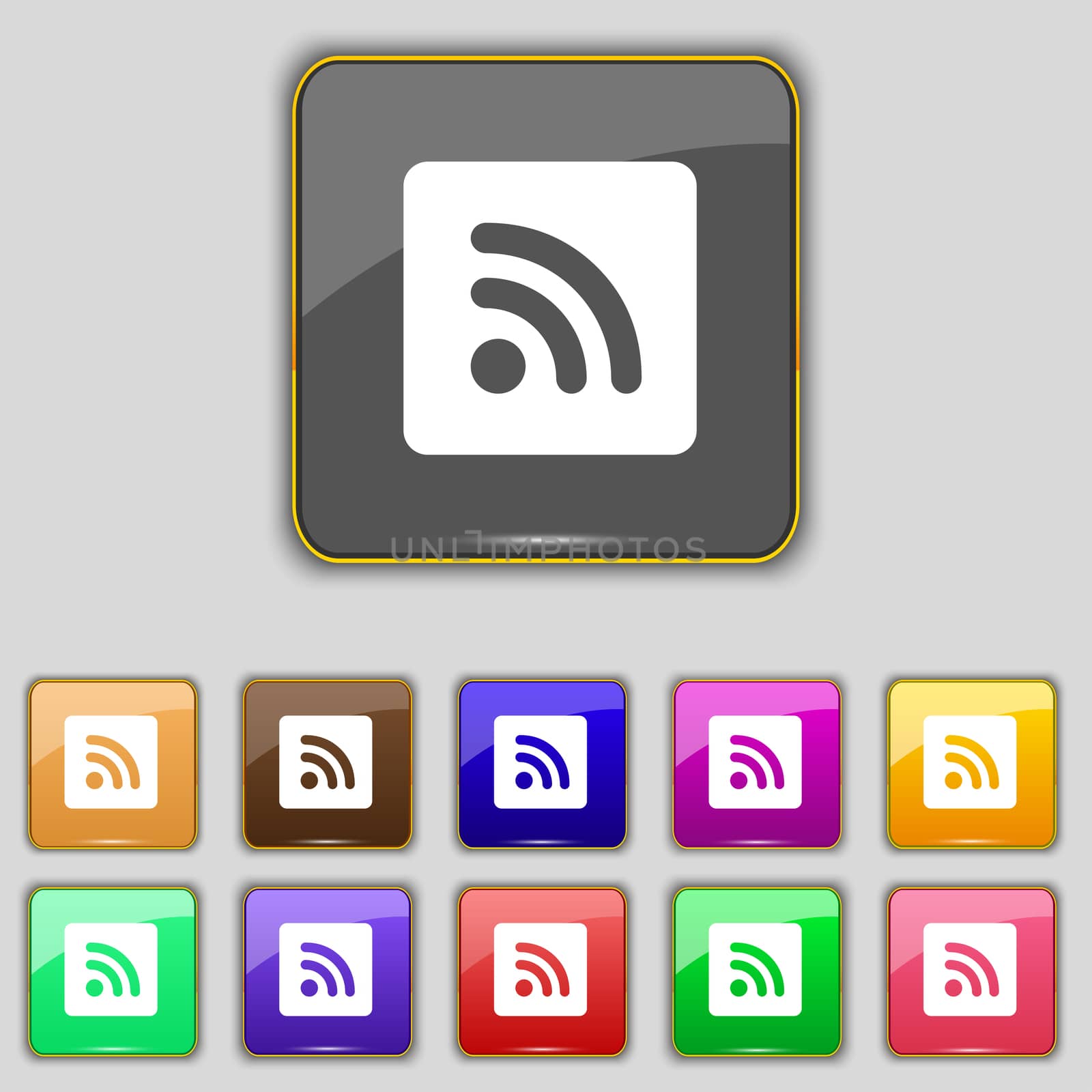 RSS feed icon sign. Set with eleven colored buttons for your site.  by serhii_lohvyniuk