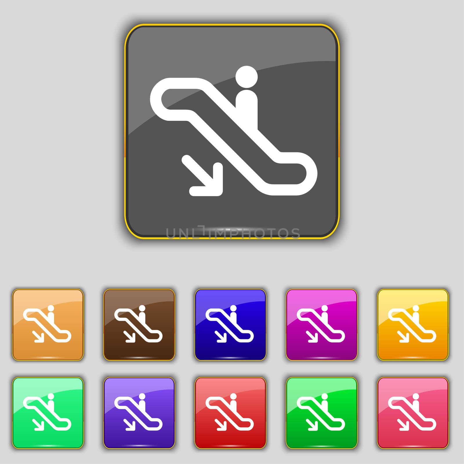 elevator, Escalator, Staircase icon sign. Set with eleven colored buttons for your site. illustration