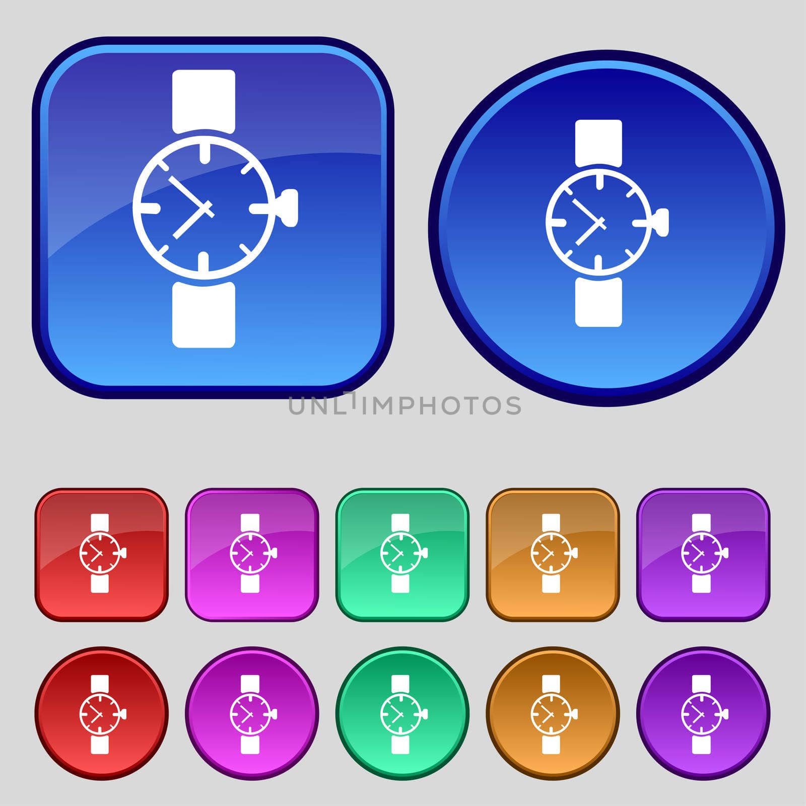 Wrist Watch sign icon. Mechanical clock symbol. Set colourful buttons. illustration