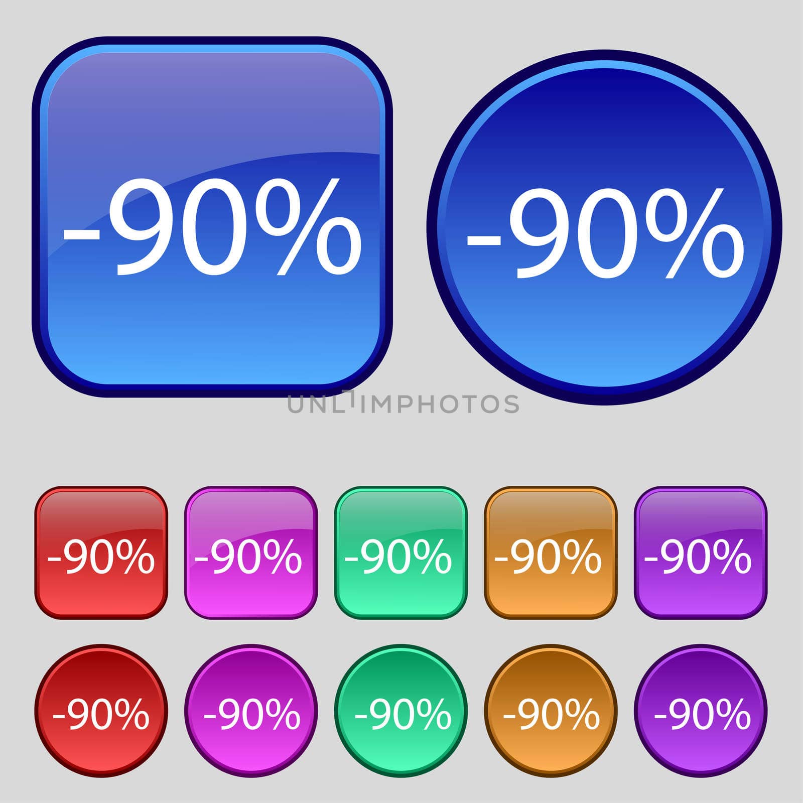 90 percent discount sign icon. Sale symbol. Special offer label. Set of colored buttons  by serhii_lohvyniuk