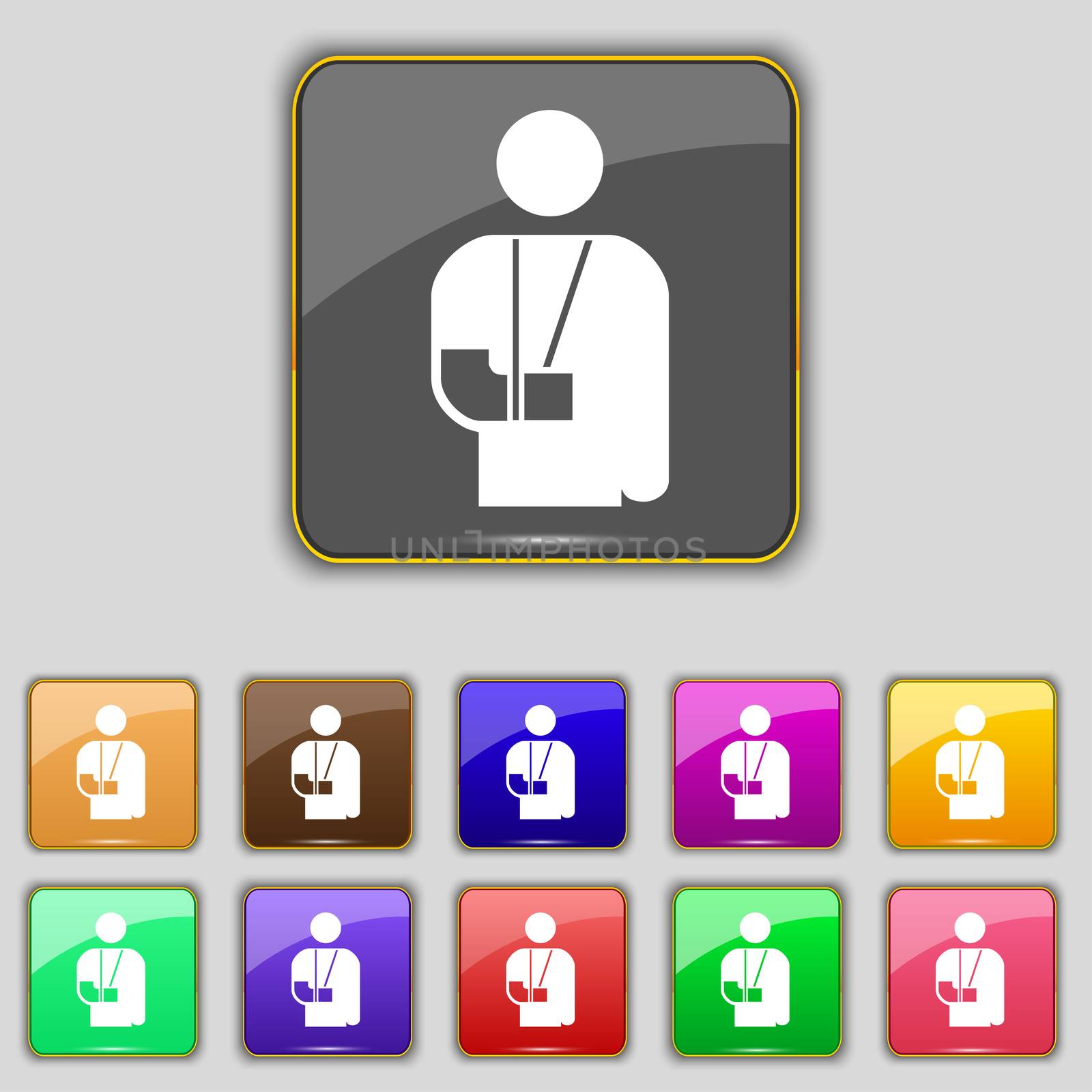 broken arm, disability icon sign. Set with eleven colored buttons for your site. illustration