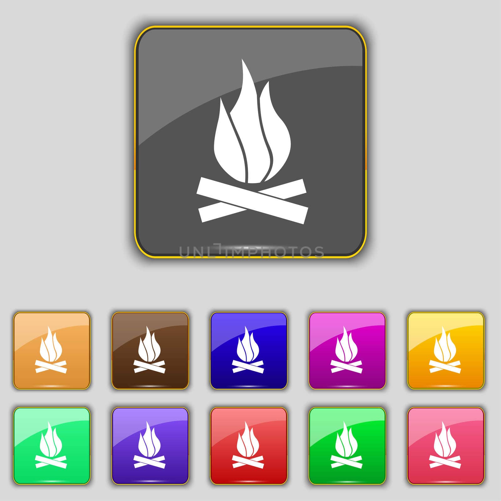 A fire icon sign. Set with eleven colored buttons for your site. illustration