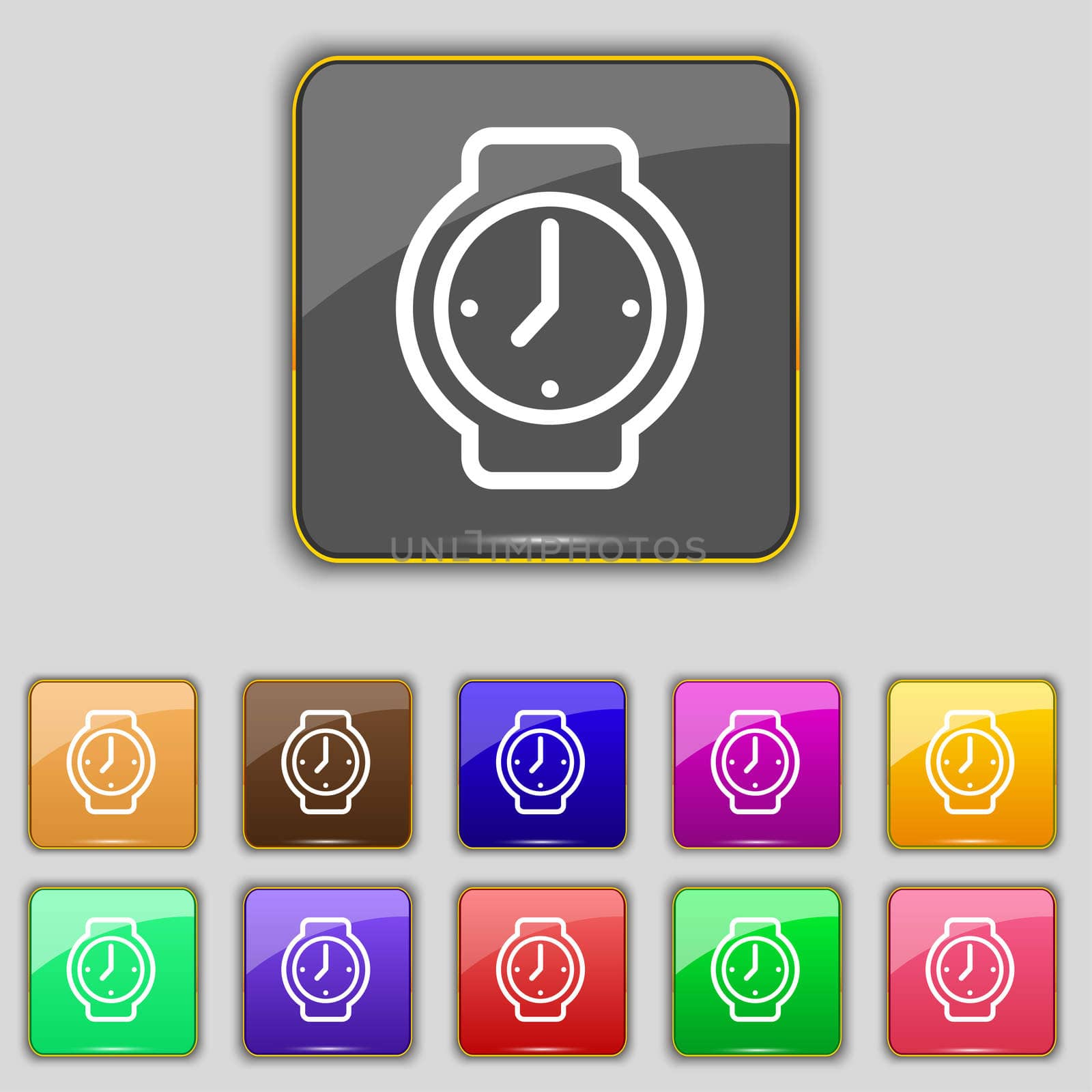 watches icon sign. Set with eleven colored buttons for your site. illustration
