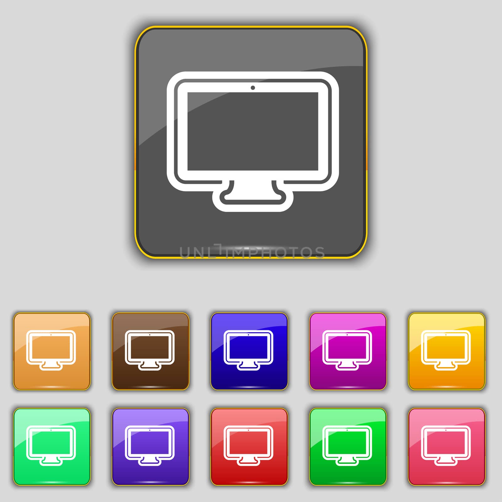 monitor icon sign. Set with eleven colored buttons for your site. illustration