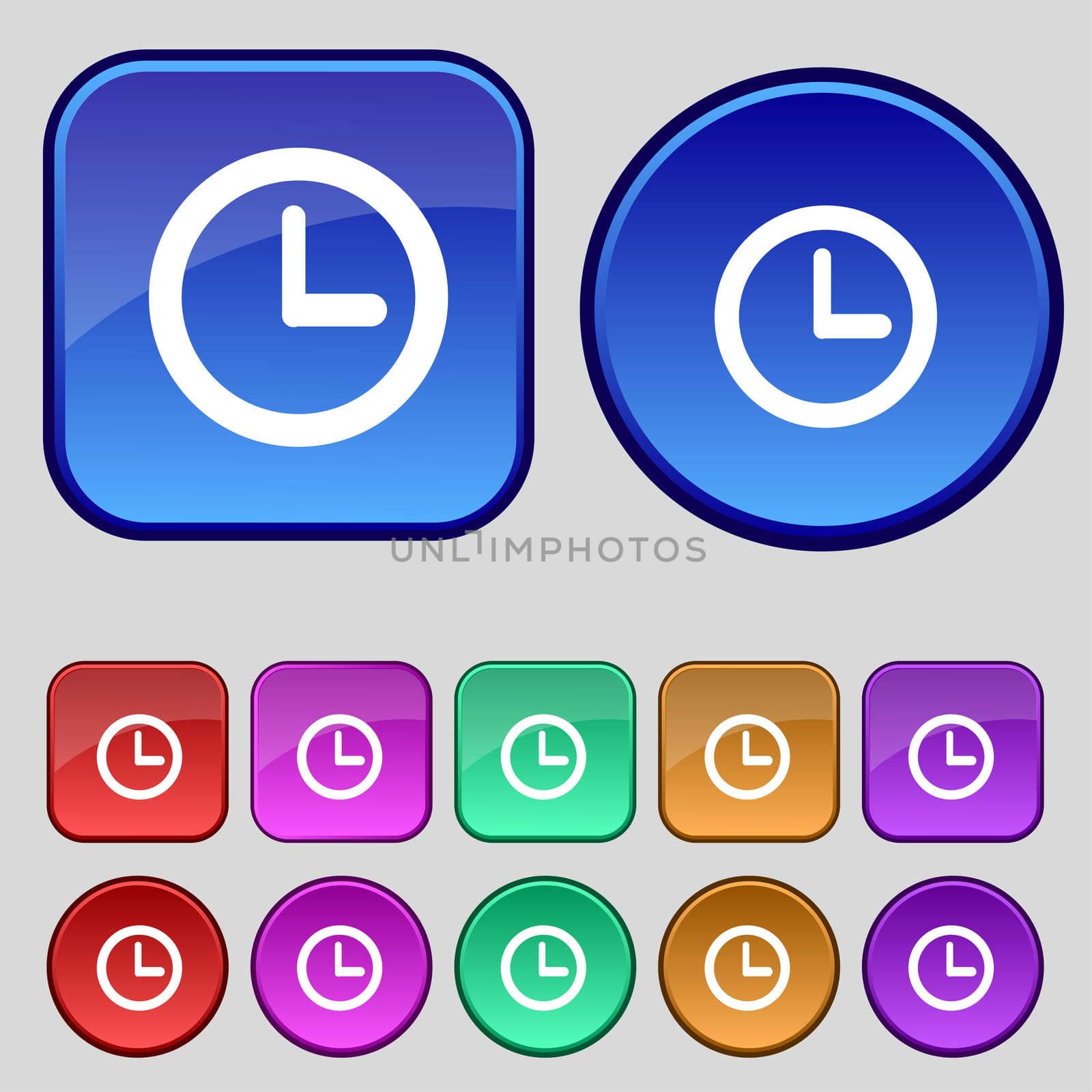 Clock sign icon. Mechanical clock symbol. Set colourful buttons.  by serhii_lohvyniuk