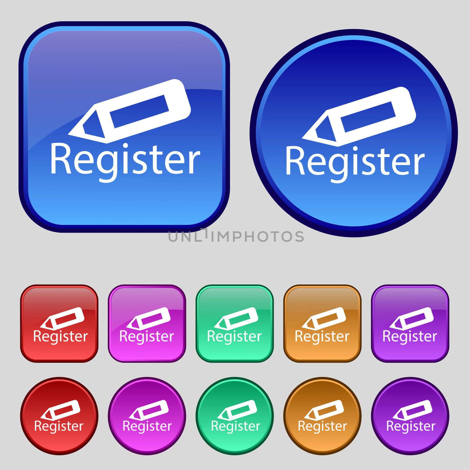 Register sign icon. Membership symbol. Website navigation. Set of colored buttons. illustration