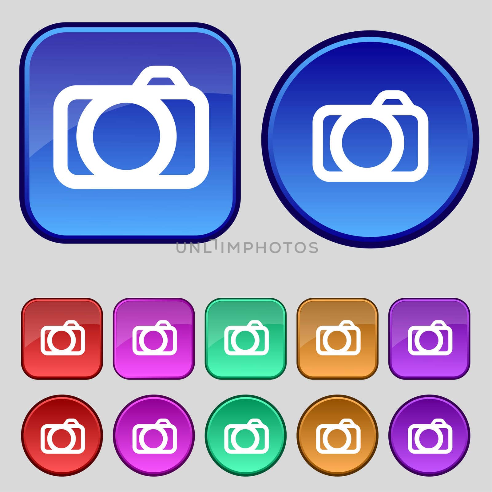 Photo camera sign icon. Digital photo camera symbol. Set colourful buttons. illustration