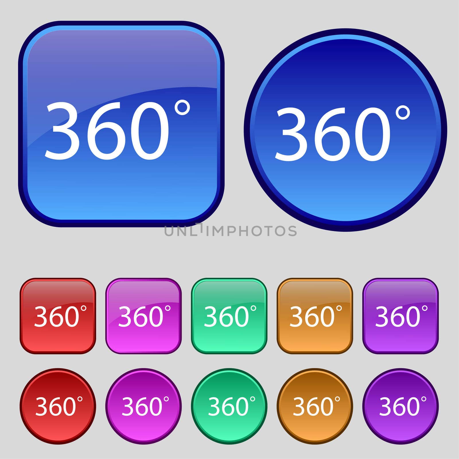 Angle 360 degrees sign icon. Geometry math symbol. Full rotation. Set of colored buttons. illustration