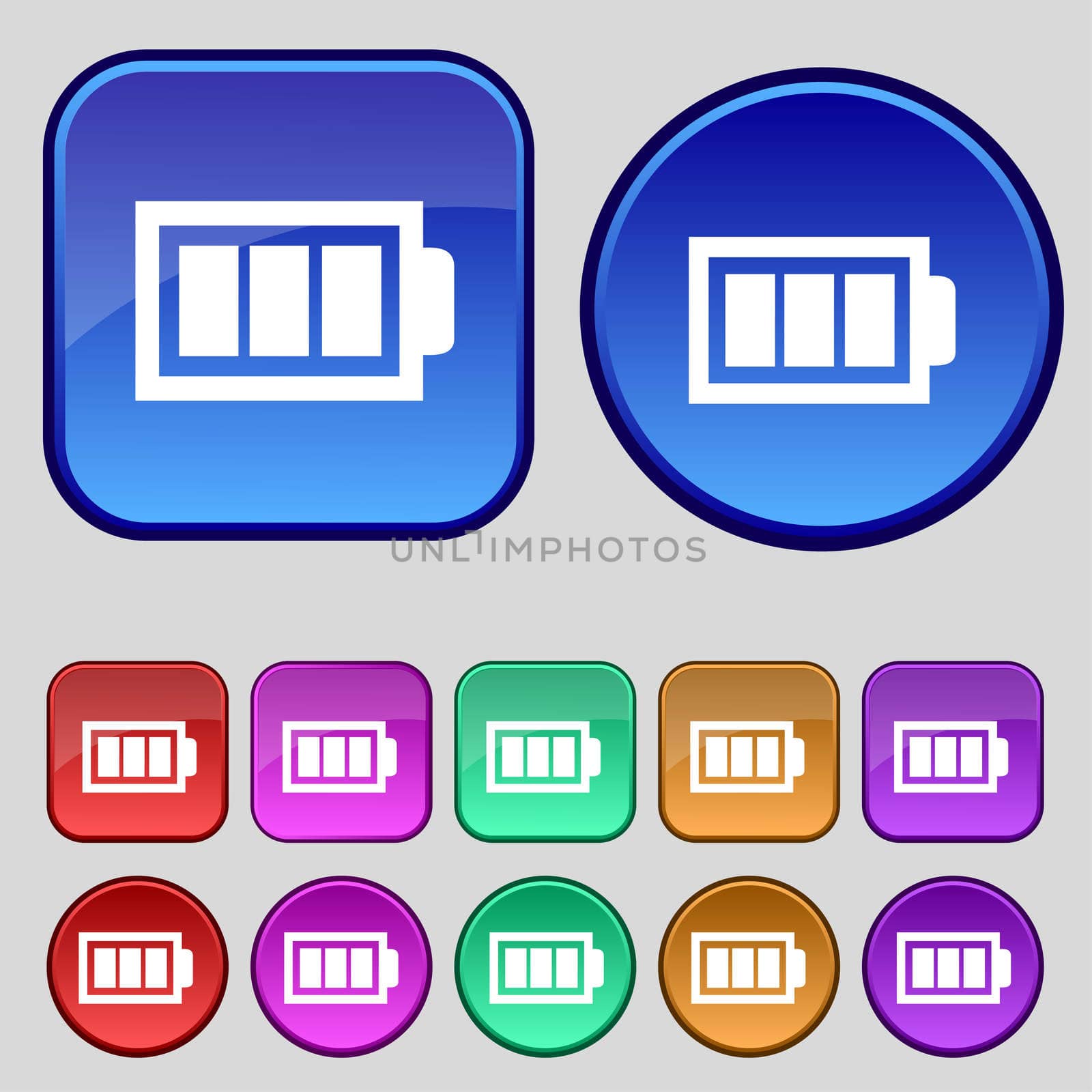 Battery fully charged sign icon. Electricity symbol. Set of colour buttons. Modern interface website button illustration