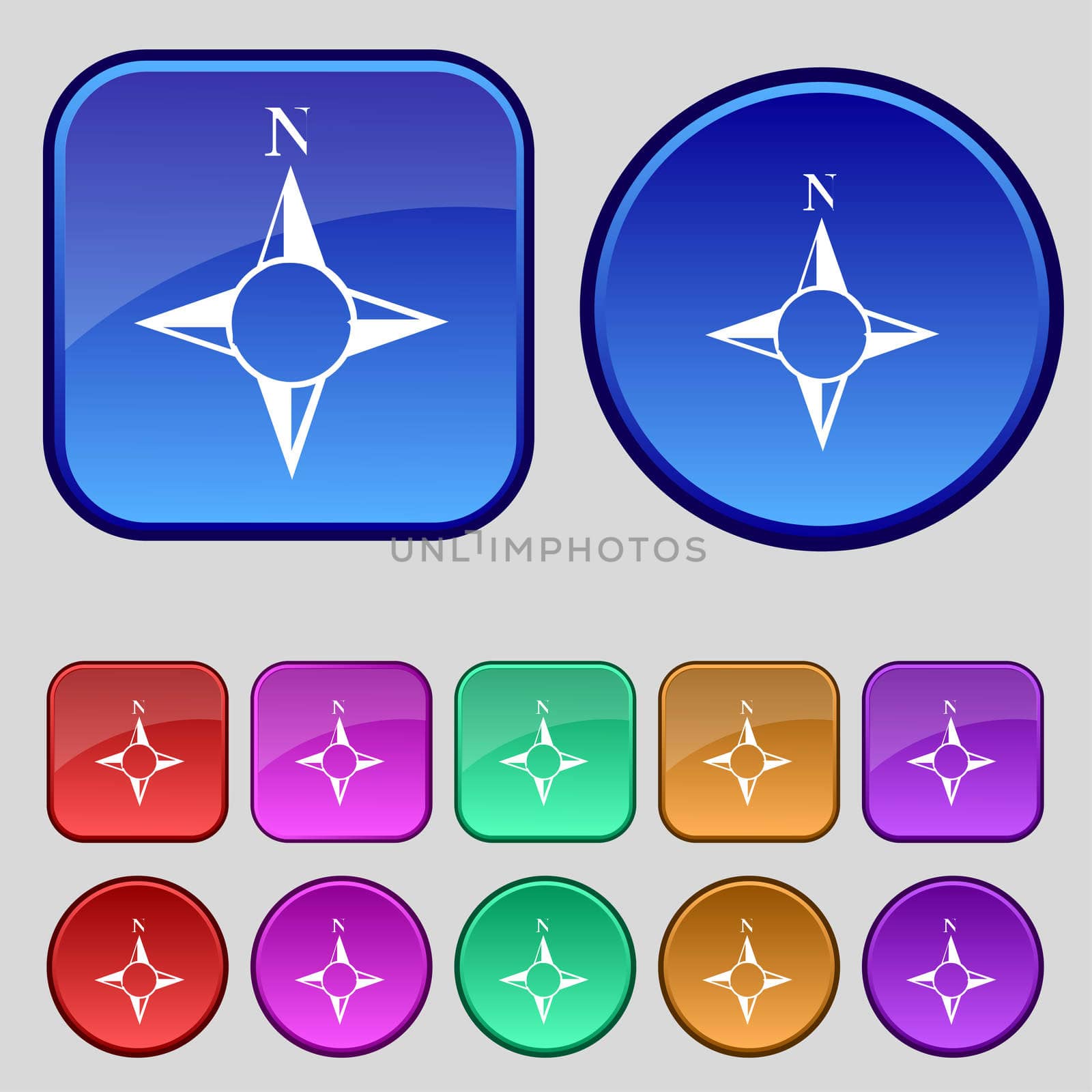 Compass sign icon. Windrose navigation symbol. Set colourful buttons. illustration