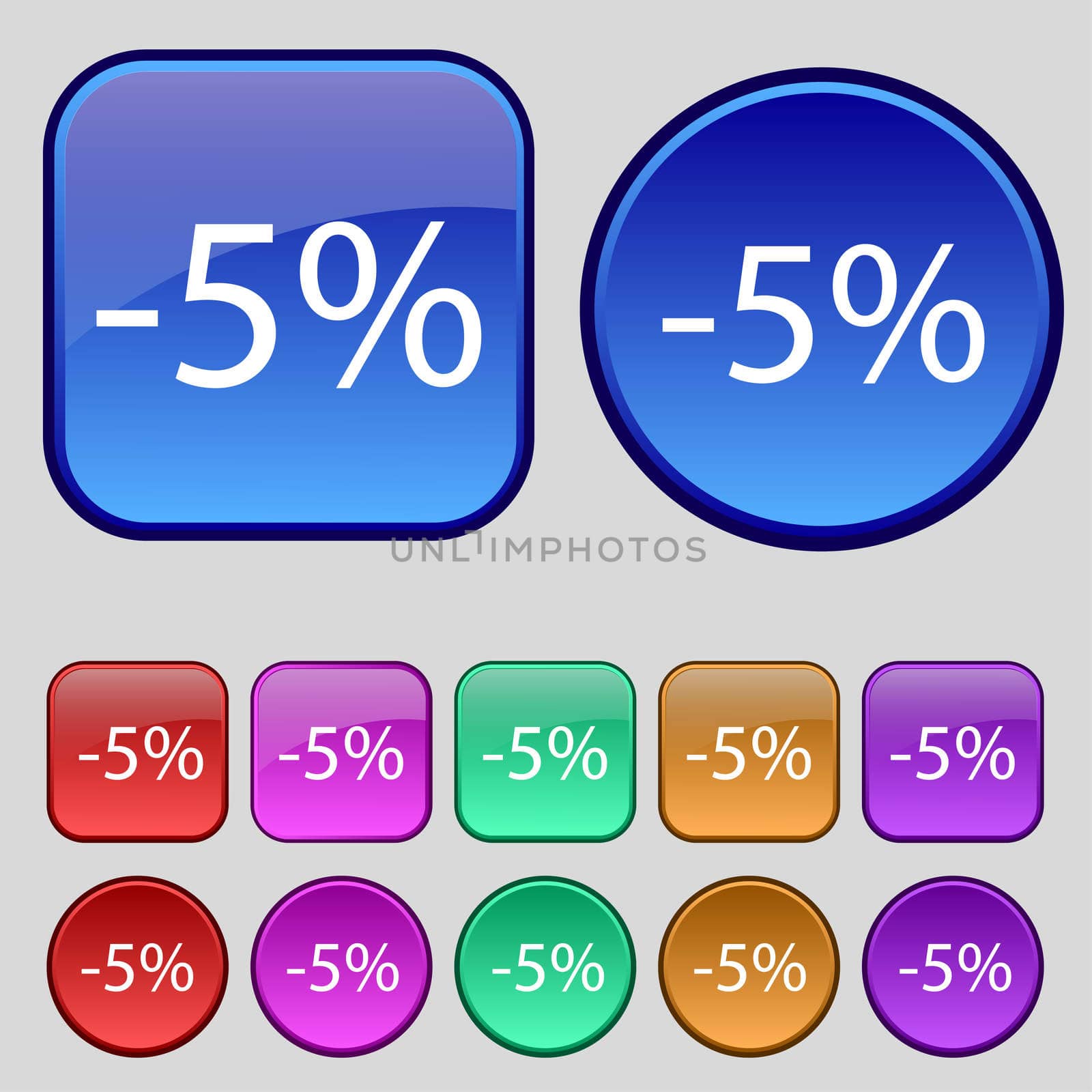 5 percent discount sign icon. Sale symbol. Special offer label. Set of colored buttons  by serhii_lohvyniuk