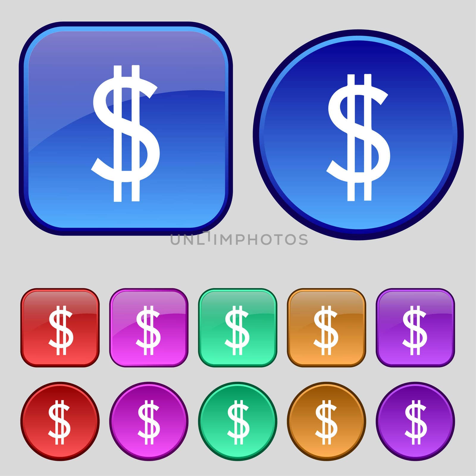Dollars sign icon. USD currency symbol. Money label. Set of colored buttons. illustration