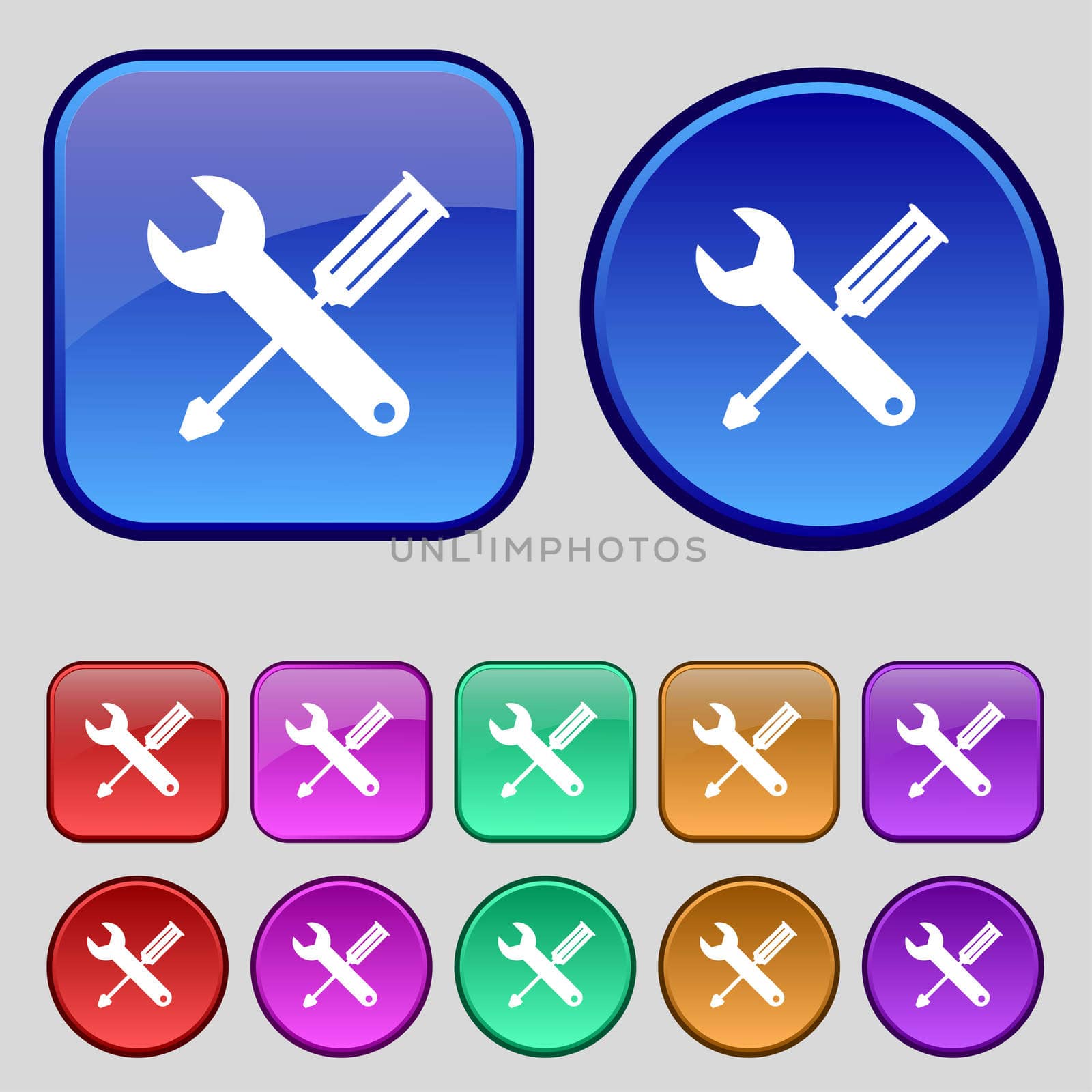 Repair tool sign icon. Service symbol. screwdriver with wrench. Set of colored buttons. illustration